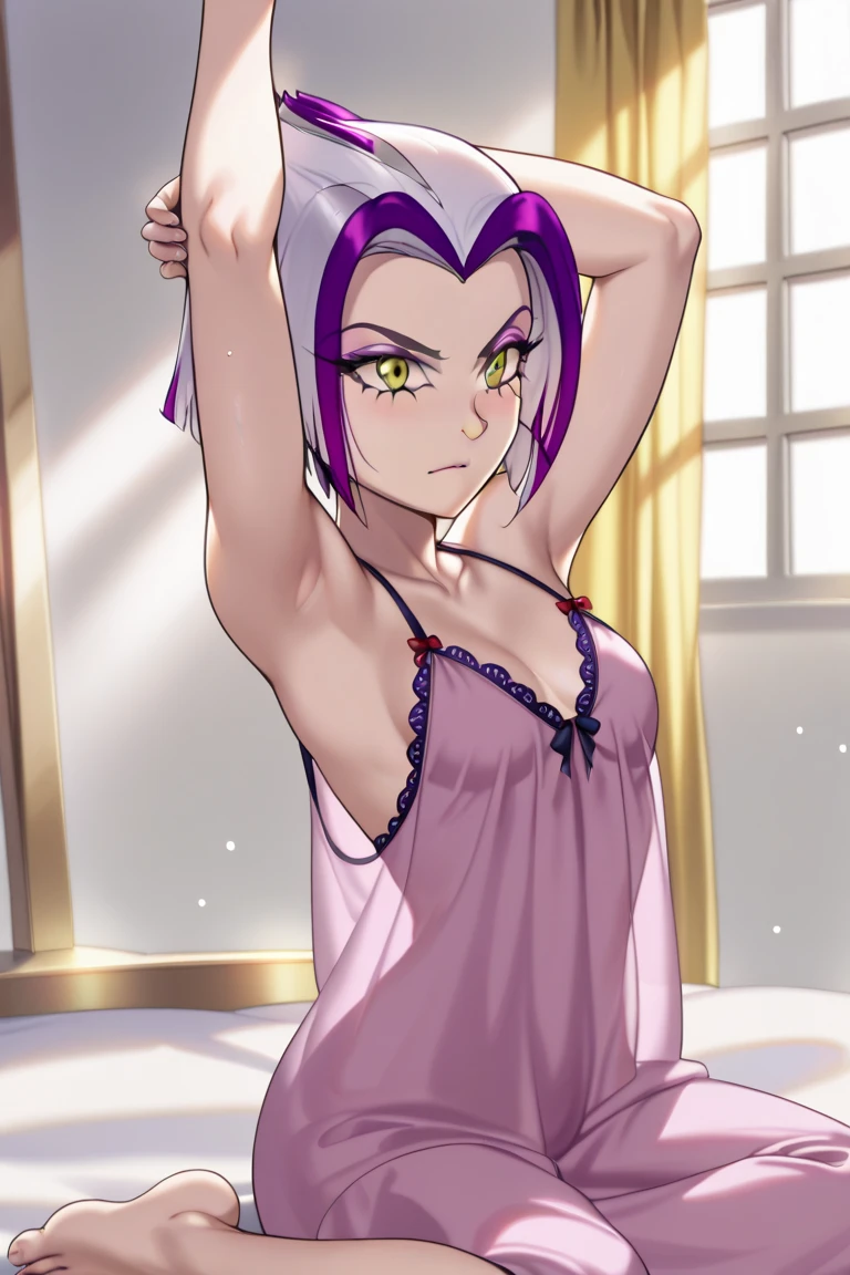 Petiteな女性、Brown skin、、low length、、Small breasts、Black Short Hair、Big round black eyes、naked、全naked、Sexy pose、Raise your arms、smile、Showing teeth、Naughty、Spoiled brat、Bed in the room