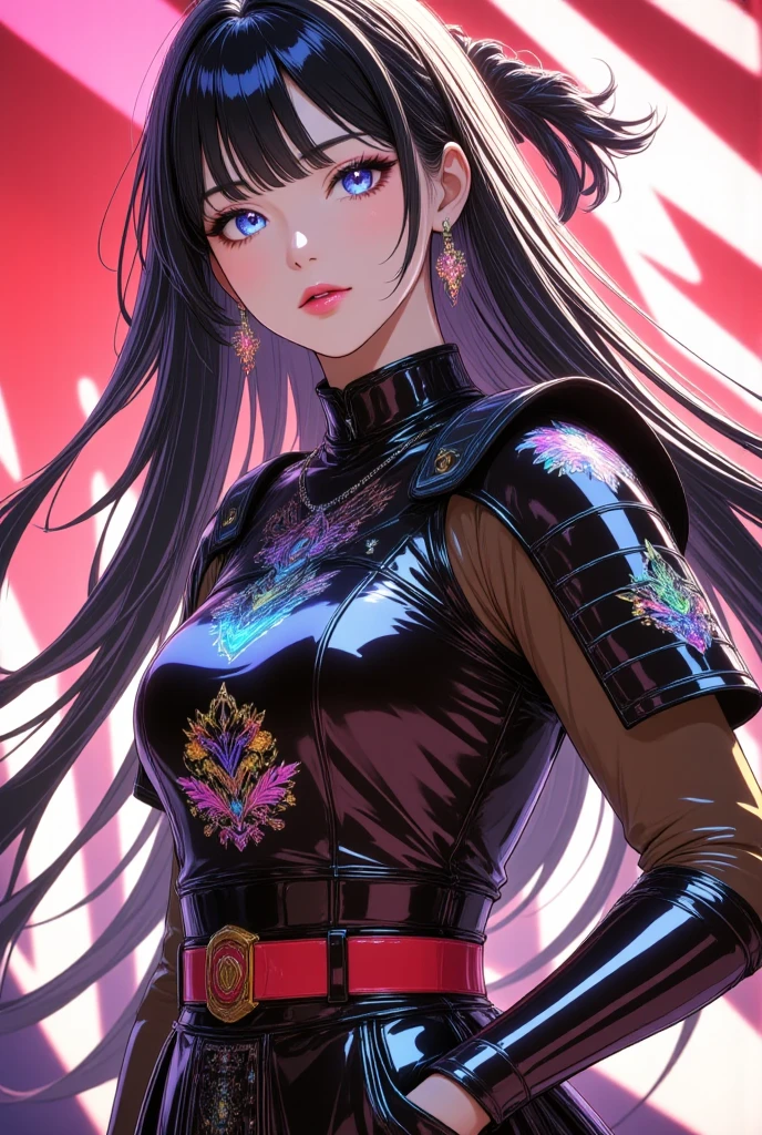 A girl(dark hair、Lots of tapes、braided hair、light white skin)、standing like a model、Black Japanese armor(armor with multicolored motifs、red belt)、black shoulder strap (yellow and red thread)、Great Japanese sword() 、Fearless smile、long brown boots、Perforations、like on the back wall々What flag?(flag of a Sengoku warlord)、masterpiece、high quality、