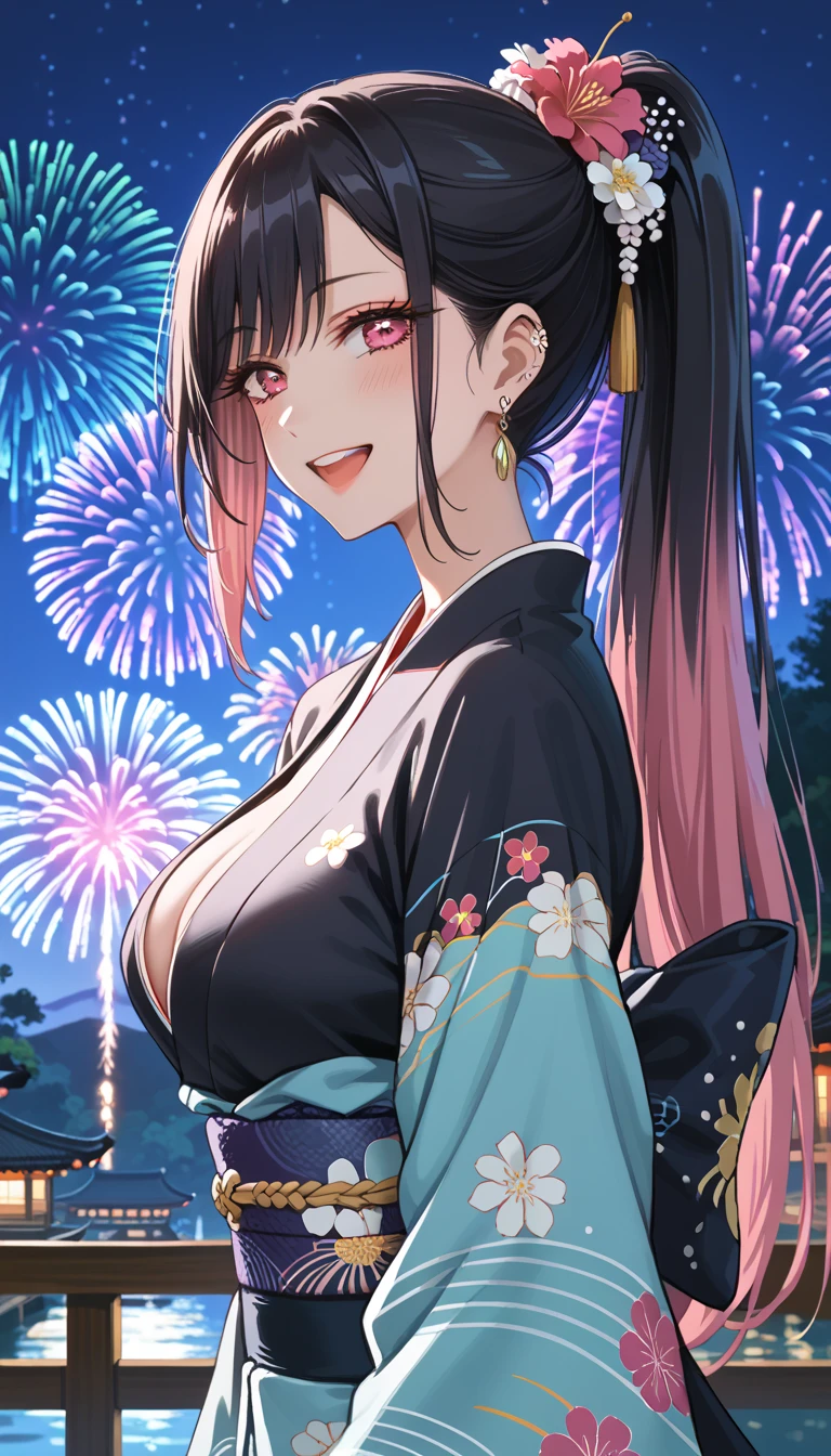 Ray tracing,{Best quality}, {{Masterpiece}}, {A high resolution}, Original, Extremely detailed 8k wallpaper, {An extremely delicate and beautiful}, realistic hand, one girl, cowboy shot,good body proportions, blush, Extremely detailed face, Extremely detailed body, Extremely detailed hands, Extremely detailed eyes, beatiful eyes, glowing eyes,Extremely detailed background, high quality background,Ahri League of Legends,(((kitsune girl,fox girl,fox tails,nine tails,multiple_tails,multiple tails))),(large breasts:1.9),25-year-old,seductive pose,shy,blushing,looking at viewer,spring festival,floral yukata,cute yukata,kimono,(((yukata,japanese clothes,obijime,floral print,long and flower patterned yukata))),fireworks,night sky