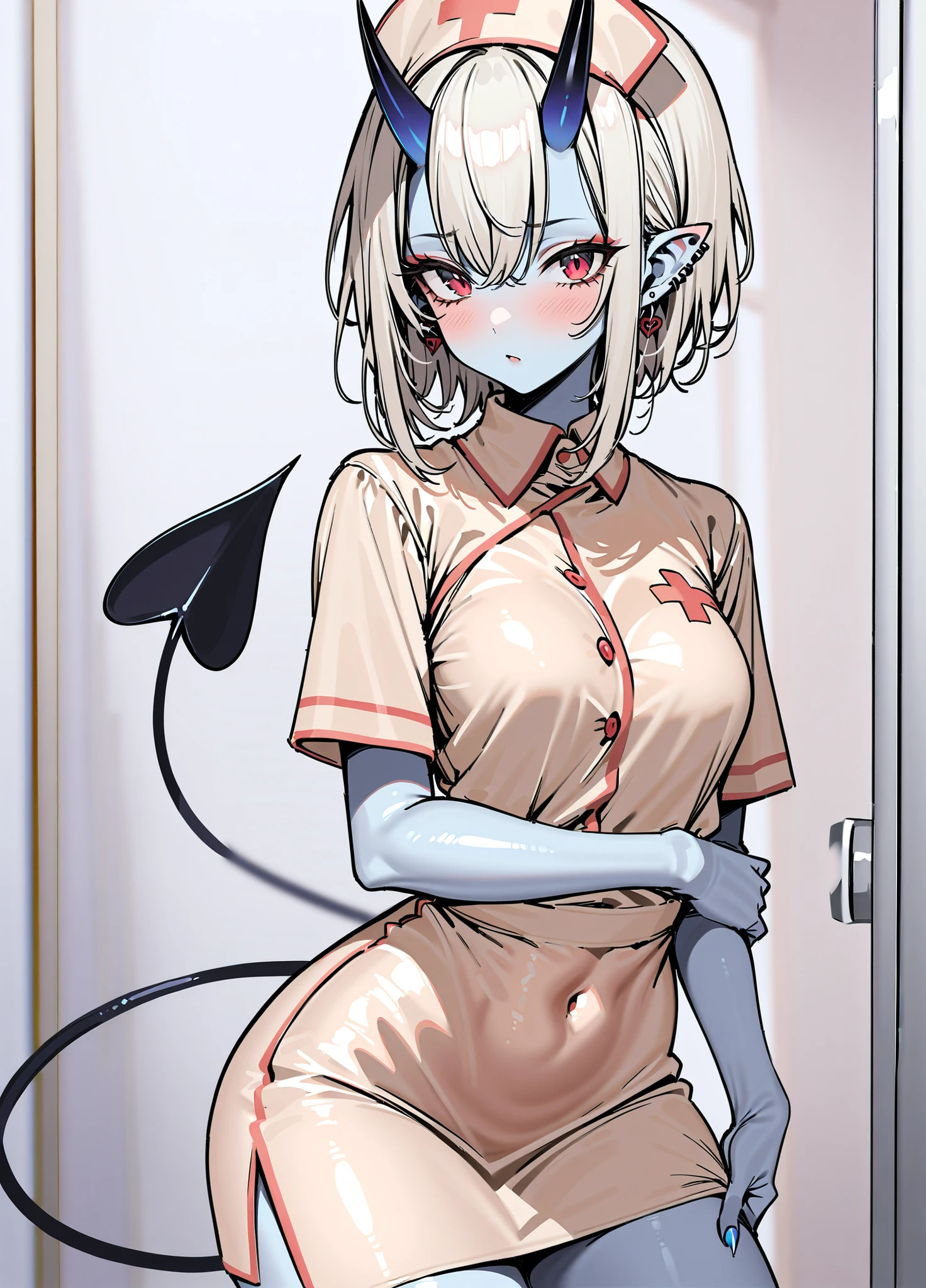 Dark skin nurse,white hair,with cat ears, wearing big gloves,lying on the hospital bed,big boobies