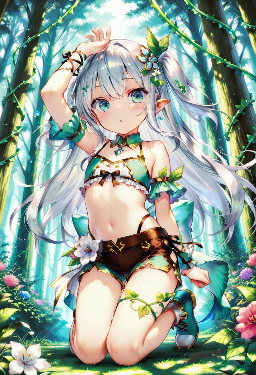 (((close up foot))), A little fairy girl is playing a prank, 、((sit cross-legged on a tree branch))、sexy, (I look up at the girls from the ground.)、(The girls who surrounded me and hugged me)、((seductive evil grin)), (Pixie)、(Butterfly on the back々Feathered)、Very little fairy、((Little fairy))、low length、(thin)、((5 years old girl))、(Transparent fair skin), (((child girl)))、Wavy、(Green Hair)、ponytail、Red scrunchie、((Forehead))、Big eyes、Grey Eyes, (Micro Bikini), ((Angle from below:1.8)), navel、(A transparent cloth is wrapped around the waist.)、(Thighs), crotch、foot, ((At the Forest Springs)), (Angle from the bottom of the girl), (In the woods)、((Sitting on a tree branch))、((Sitting cross-legged))、Fluid dripping from the toes、