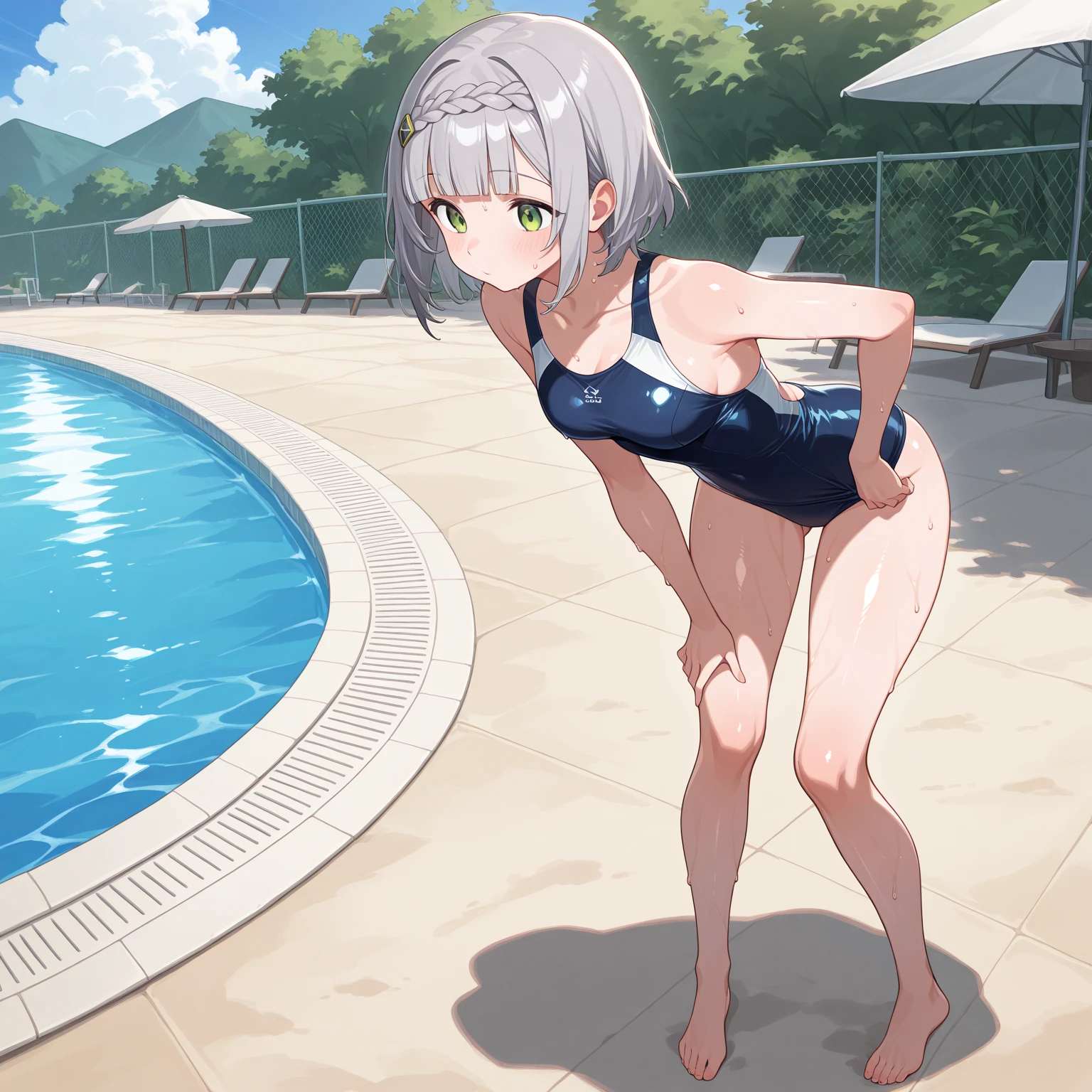 　2 boys High level image quality　best image quality　8K　 adult woman    pool   rain　palm trees  more colors   whole body view　portrait　golden bikini   　horn    ears  　short hair（（shortcut）（gray hair）（perm）（fluffy））　eye color is blue ,  , 　attractive evil face , smile   ,  sexy pose   ,  labrynth , crossed arms,  barearm     , sittings  by the pool , crossed legs  , all wet , view foot arc 