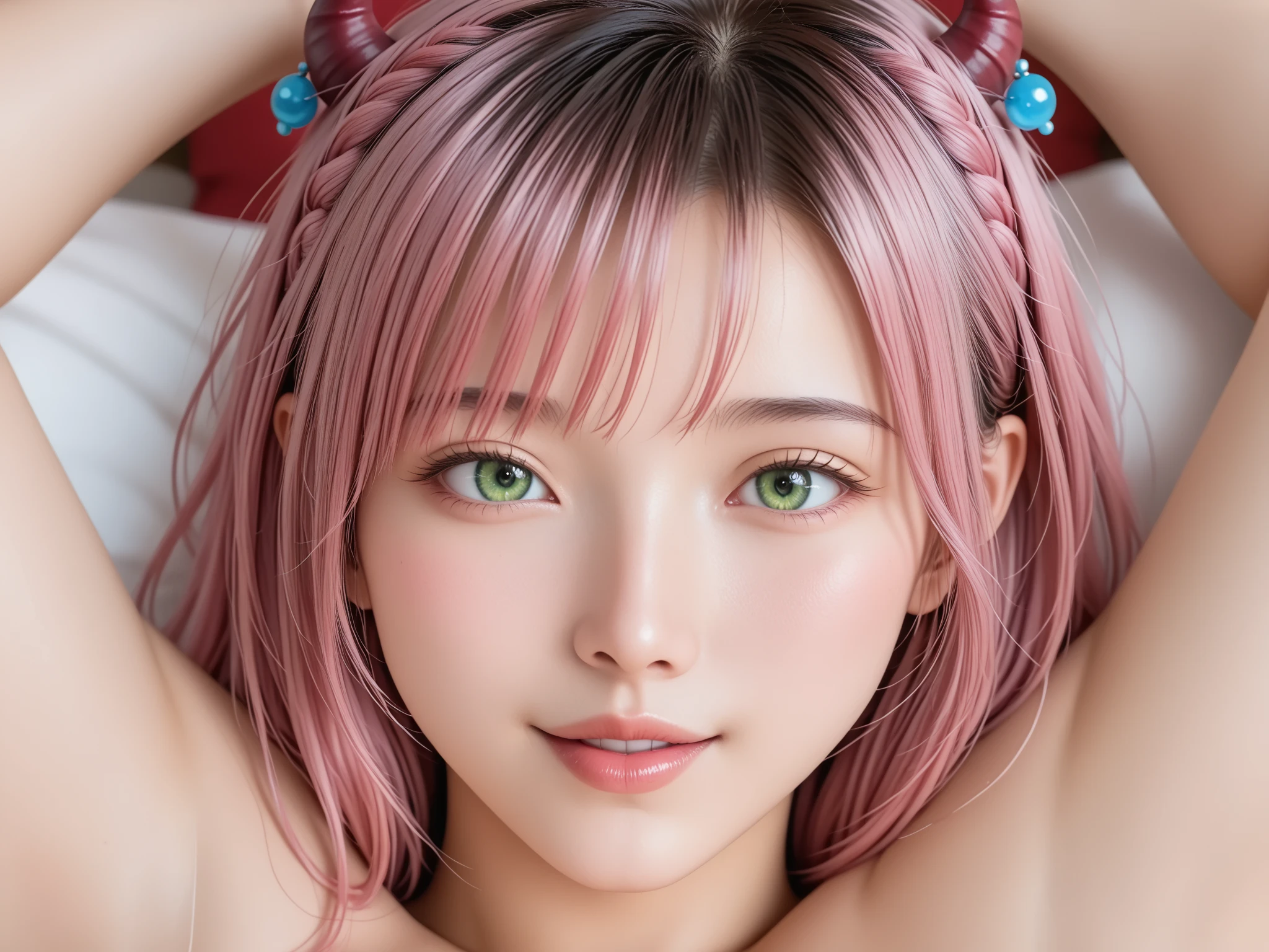 height: Mitsuri is described as a young woman of average height, about 1.70 meters.
Complexion: Despite his superhuman strength, He has a slim and athletic figure, with well-defined muscles and great flexibility.
fur: Her skin is clear and soft, with a pink tone that stands out on your face.
eyes: His eyes are large and expressive, a striking lime green color.
hair: His hair is long and abundant, pink with a slight green gradient, hairstyle in two thick pigtails with curly ends. A peculiar detail is its two long eyelashes in each eye..
