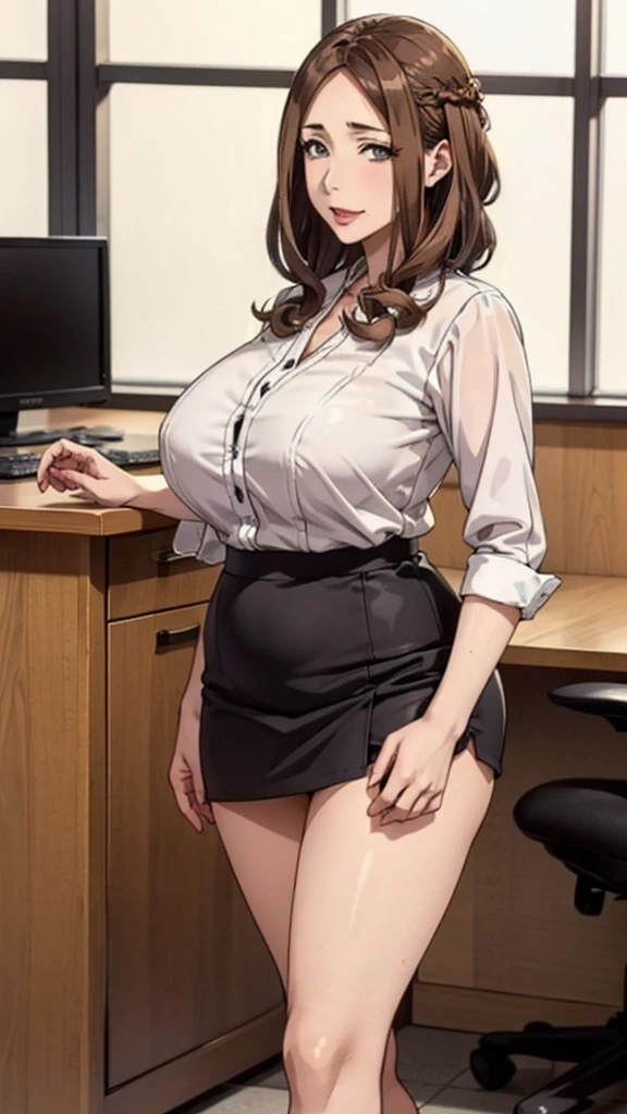 ((Best Quality, 8k, Masterpiecedetails, ultra-high resolution)), (group picture),(looking at the viewer), (full shot:), attractive business 5 milfs, 5 people, a bit chubby:0.25, seductive expression, white collared shirt, grey skirt, (sitting with cross legs on office desks)), smile, office of CEO