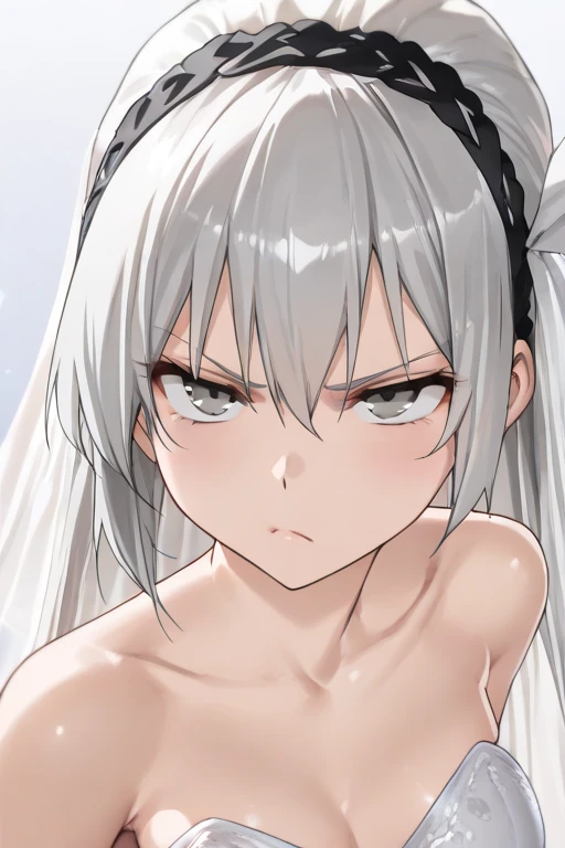 masterpiece, best quality, 1girl, The man's penis is rubbed gently against the armpit of a beautiful woman with white hair and red eyes