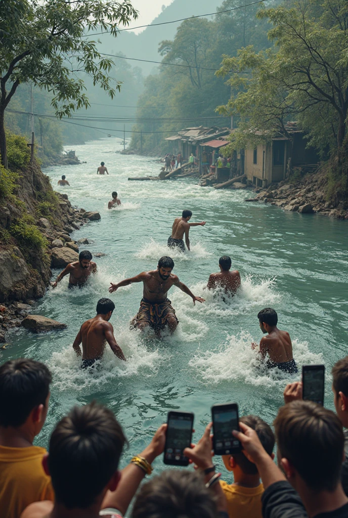 Helpless people are drowning in flood.
Beside him, a group of people are taking selfies on a speed boat