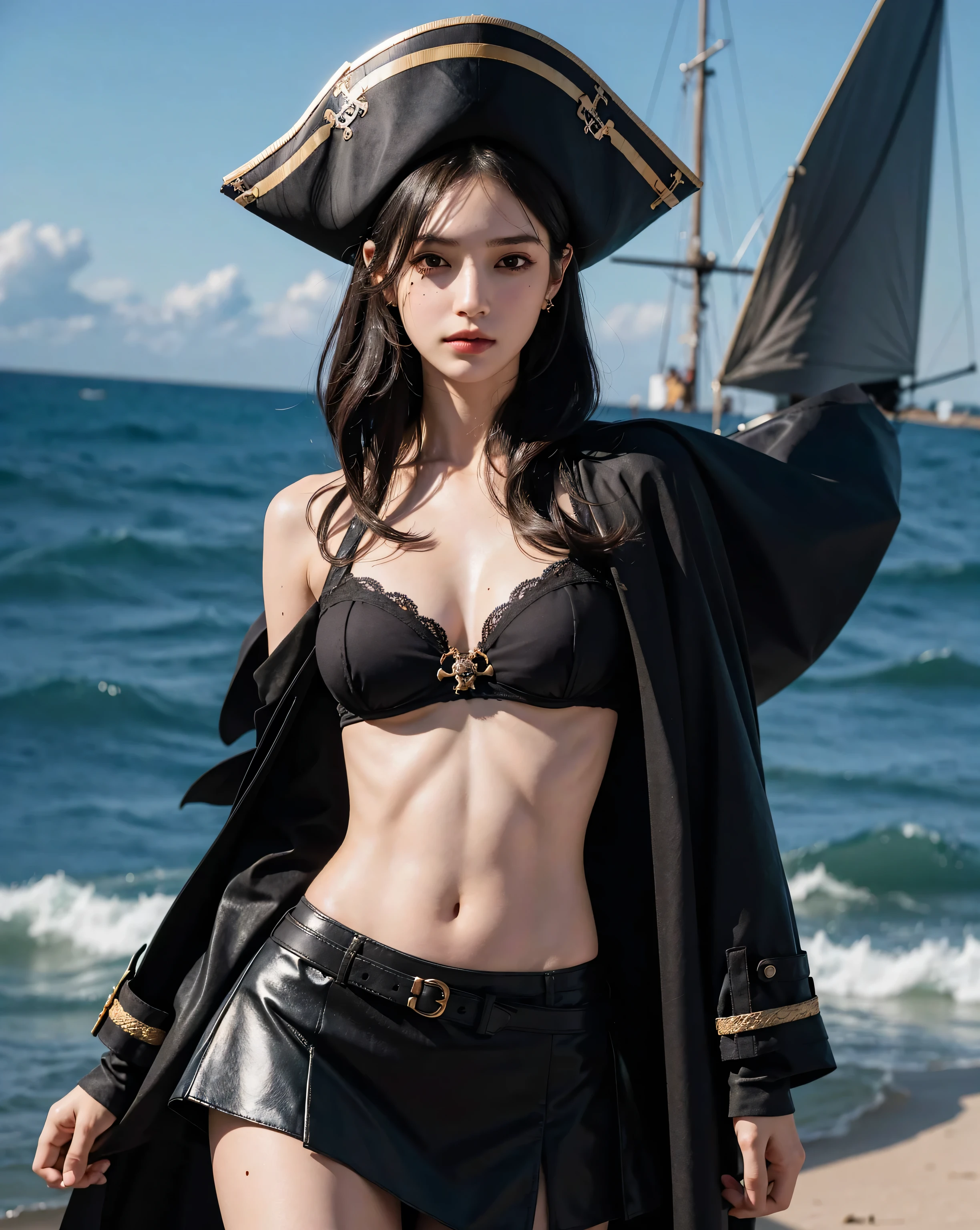 female cat furry, fantasy medieval pirate, saber in a hand, bandana, pirate hat, cocked hat, on a ship, sails, ocean and sky on background, only character, correct female anatomy, beautiful woman anthro, cat head, furry art by greg rutkowski, digital art by artgerm, detailed art, masterpiece, digital painting, correct anatomy