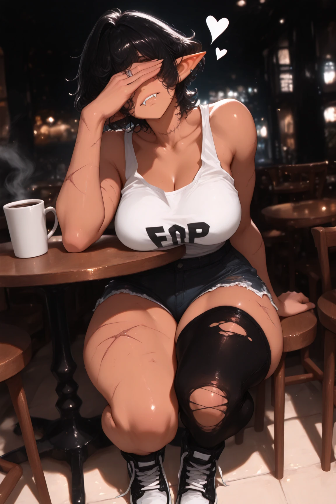 Only a black girl, purple hair. Green eyes. Slender, athletic and elegant build. Yellow tank top, black latex pants, a denim jacket. She completed her outfit with yellow sneakers.amazing stunningly beautiful, most beautiful women ever. Big , nsfw, big ass