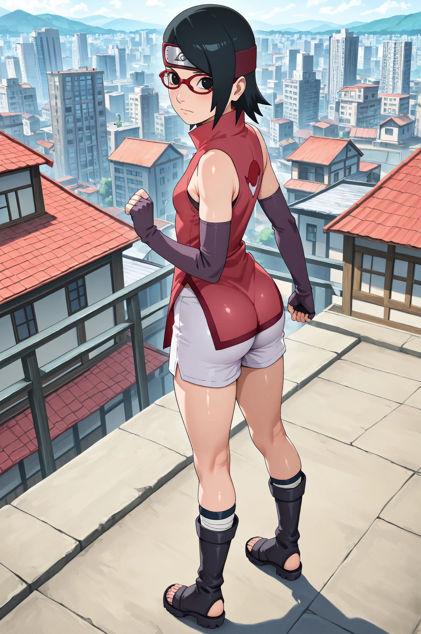 (mejor calidad:1.3), Tenten by naruto, tetona, escote, seductor, sexy, cuerpo con curvas, (( ciudad)), ((punto de vista culo), back