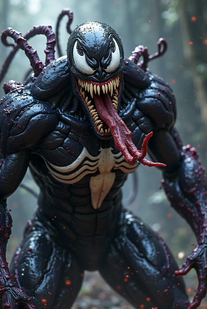 Venom's high-quality realistic comic style, drawn in detail, ultra-precise , 4K, photorealistic, complex plot, bright saturated colors, dramatic lighting, ingrown into the trunk, rough textures, complex effects, dynamic pose, ominous gaze, impressive muscular silhouette, threatening claws and teeth, A creepy mouth , shimmering black symbiotic suit, Slimy texture, spikes and growths