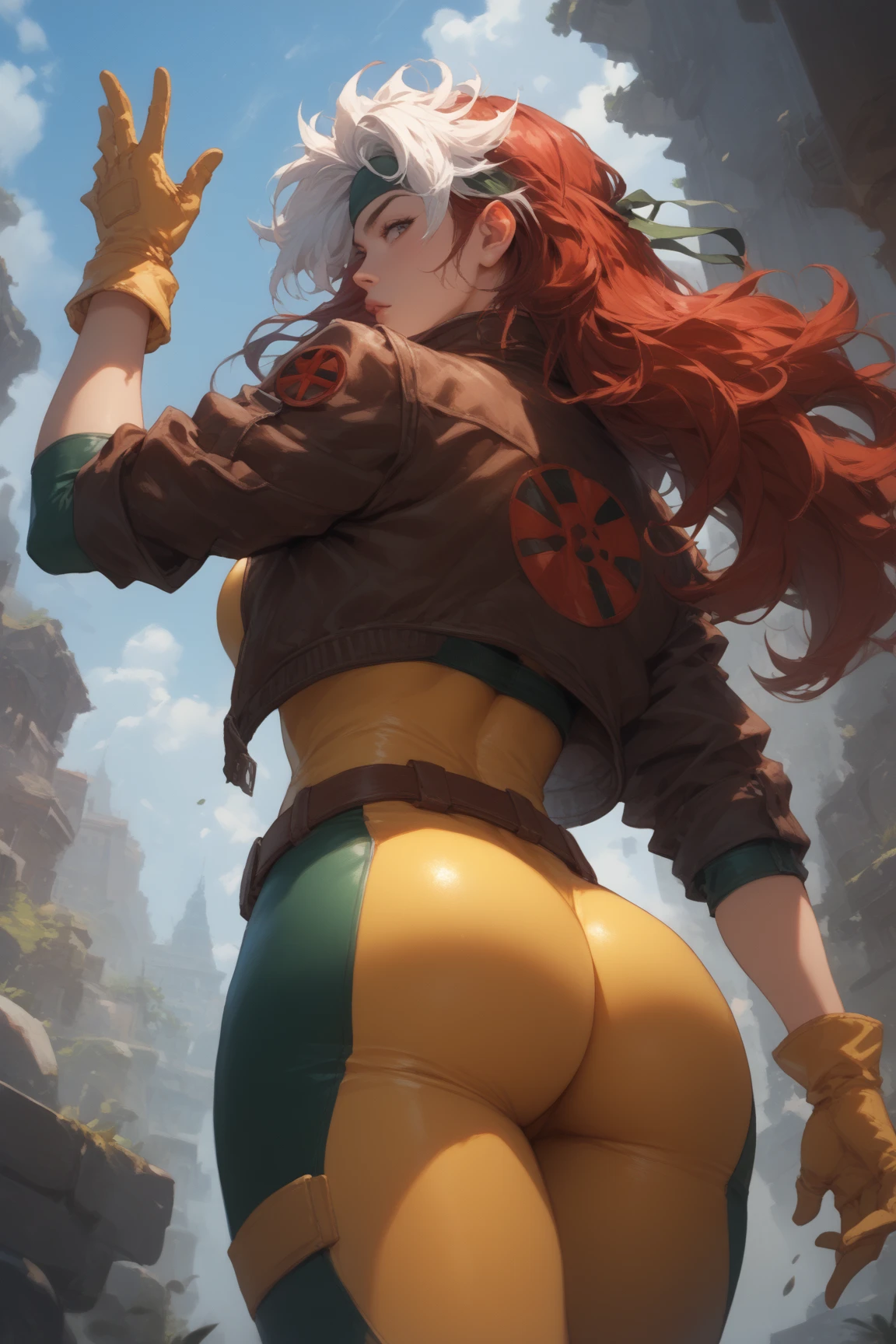 masterpiece,best quality, masterpiece, high detail,detailed face,detailed eyes,rendered eyes,perfect eyes,hip lines,ambient occlusion,crisp image,detailed,amazing,8k,8k wallpaper,8k background,high detailed skin,high res,((flying,from behind,sky, hands_down,hands_side,wind_lift)), dynamic pose, (volumetric lighting), best quality, masterpiece, intricate details, tonemapping, sharp focus, hyper detailed,(beach)
<lora:GoodHands-vanilla:1>
BREAK
((1girl,solo)),((hug breasts)),(curvy,(thick thighs, wide_hips,thick_ass)).
<lora:CARTOON_X_MEN90s_Rogue:0.8>,CARTOON_X_MENs_Rogue,ownwaifu,  long hair,breasts,brown hair,green eyes,lipstick,makeup,lips,white hair,two-tone hair,headband,wavy hair,large breasts,messy hair,curly hair,big_hair,   yellow bodysuit,jacket,gloves,belt,yellow gloves,green bodysuit,bodysuit,multicolored bodysuit,superhero, skin tight,multicolored clothes,