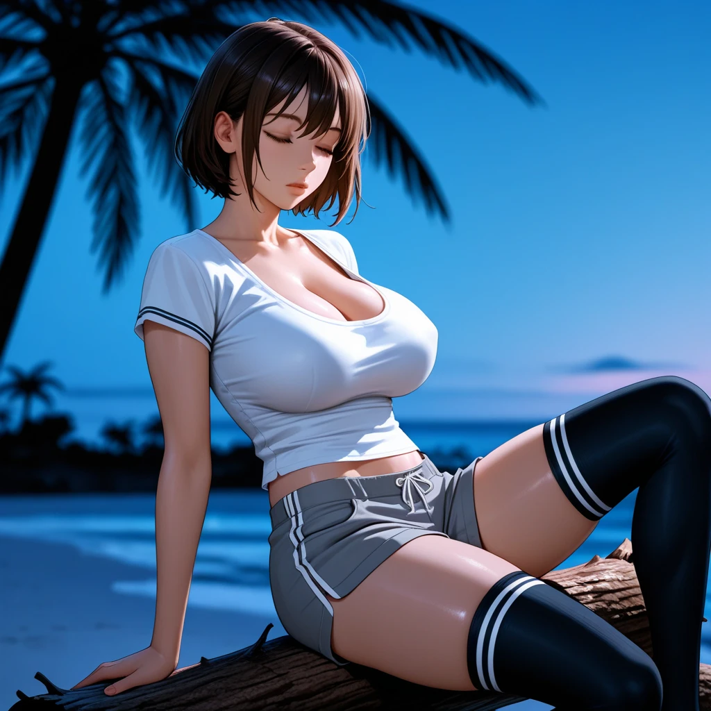 topless, Armless, A dark-haired woman wearing full-zip shorts is eating a tlayuda at a taco stand Jeans have a belt With side slits Big Ass Spread your legs Open your arms