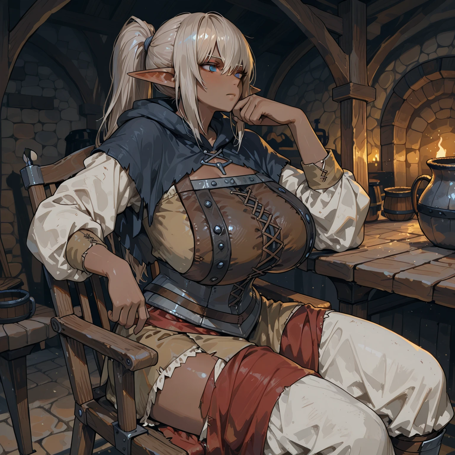 1 young female Gnome, short but robust, with short, disheveled white hair down to her shoulders, pointed ears, dark brown eyes, freckles on her face, thin lips, a skittish and suspicious look, thick eyebrows, round face, large breasts ((with cleavage)), wide hips, thick thighs, sitting in a rustic wooden armchair, drinking a mug of beer, very pretty, living room scene living room of a rustic medieval house, detailed art, perfect lighting