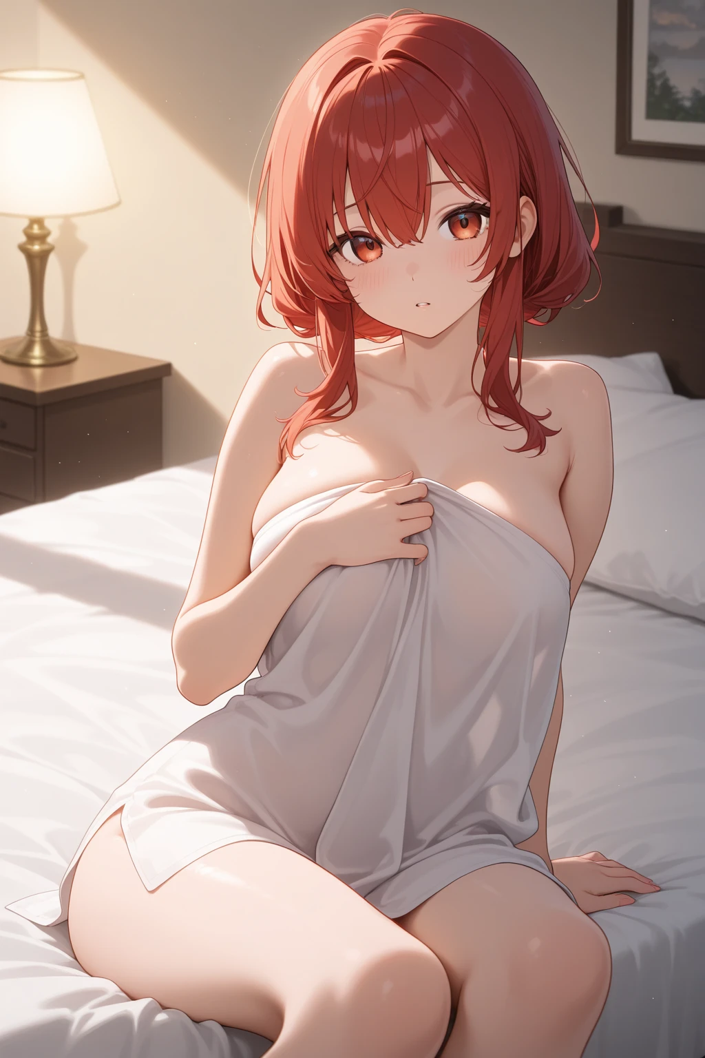 Garota de longos cabelos, encima de uma cama, em um quarto, sentada de forma sensual, mostrando os peitos, sem camisa