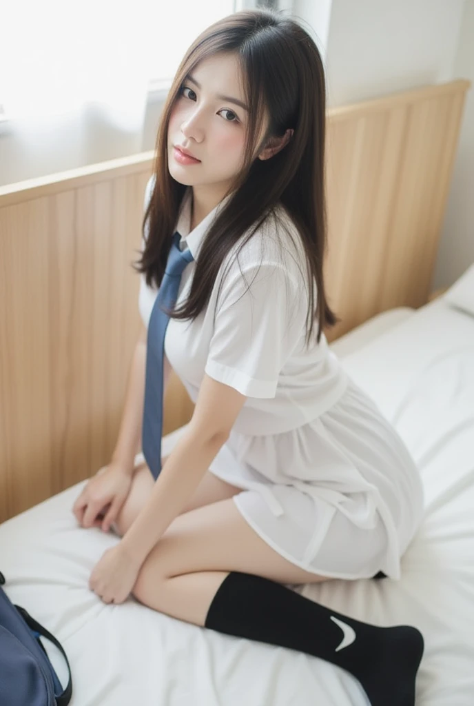 （(Female Student Uniform)), White blouse shirt with collar（open-shirt）, School Ribbon Tie、flat breast, String panties、school hallway, Wet crotch, A smile, (in 8K, Raw photography, top-quality, ​masterpiece: 1.2), ​masterpiece, The ultra-detailliert, 超A high resolution, (Realistic and realistic photos: 1.37), high-definition RAW color photography, extremely delicate and beautiful, ighly detailed, 8K Wallpapers, astonishing, detaileds, extremely detailed eye, highlydetailed skin, extremely detailed fingers, highly detailed nose, highly detail mouth, perfect anatomia,full body Esbian, Sheer feeling、Transparency（Nipple head visible on the shirt）、Protruding areola,、Extremely small panties（pubic hair sticks out）、