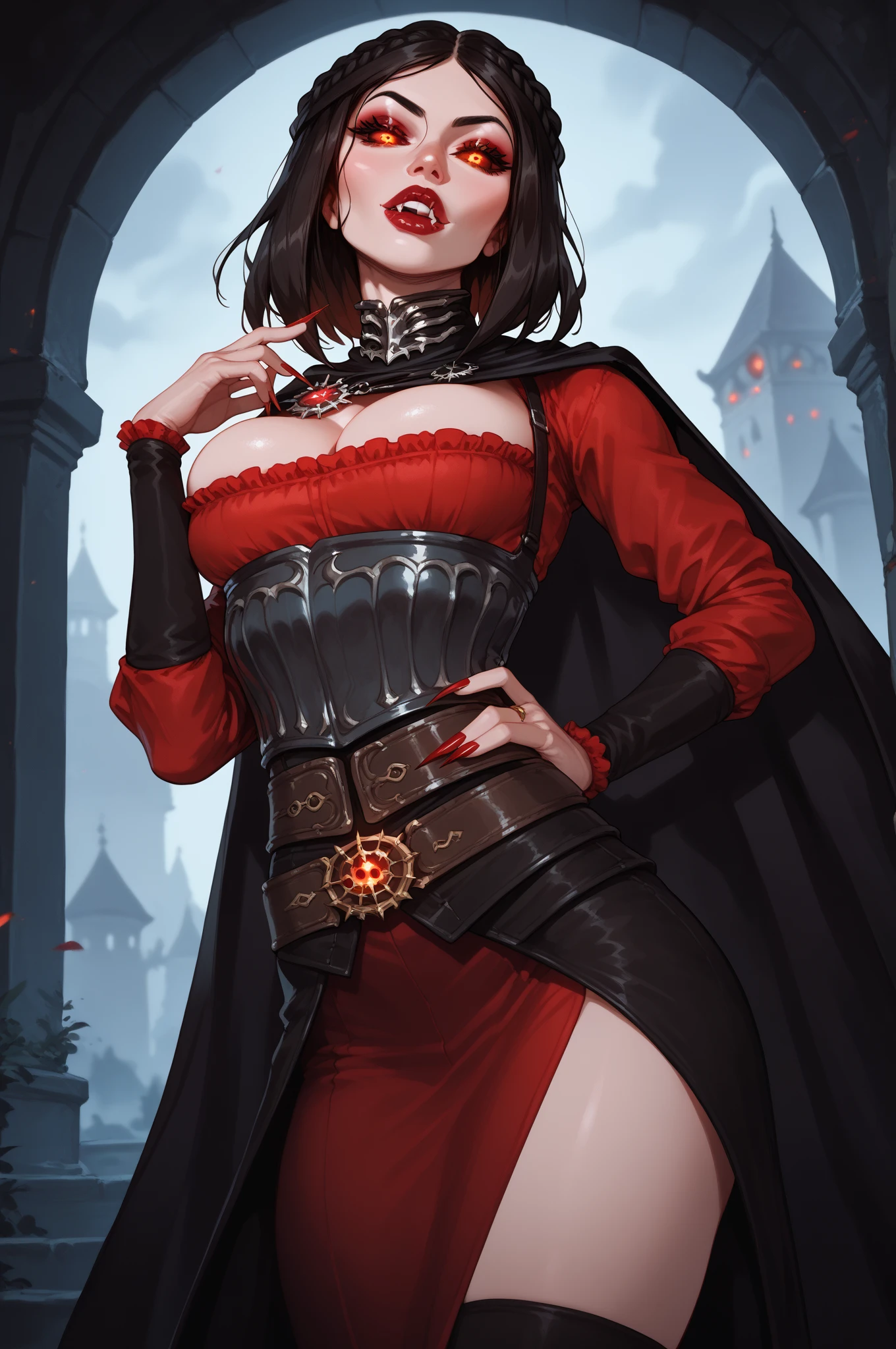 female mage with red eyes and black hair casting blood magic