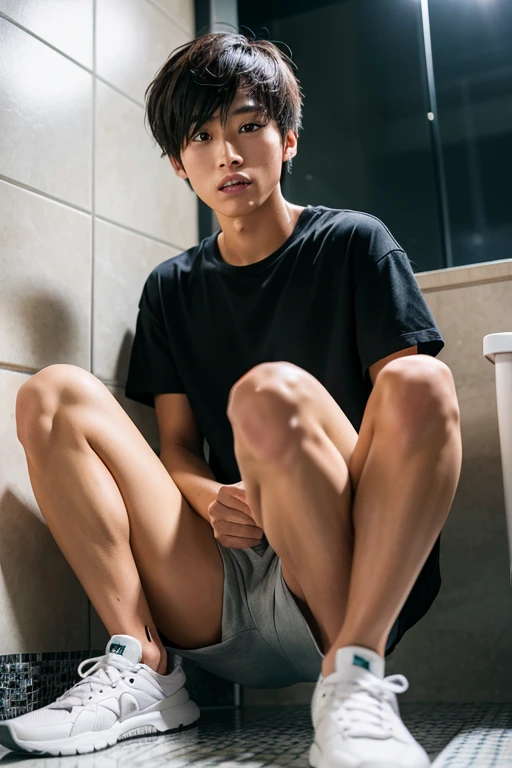 ((super sharp focus)), ((hairy legs)), hairy legs, toned legs, whole body, two block, Messy short hair, long legs, Japan male, 27 years old, wearing beige shorts, wearing a black T-shirt, very short hair, black hair