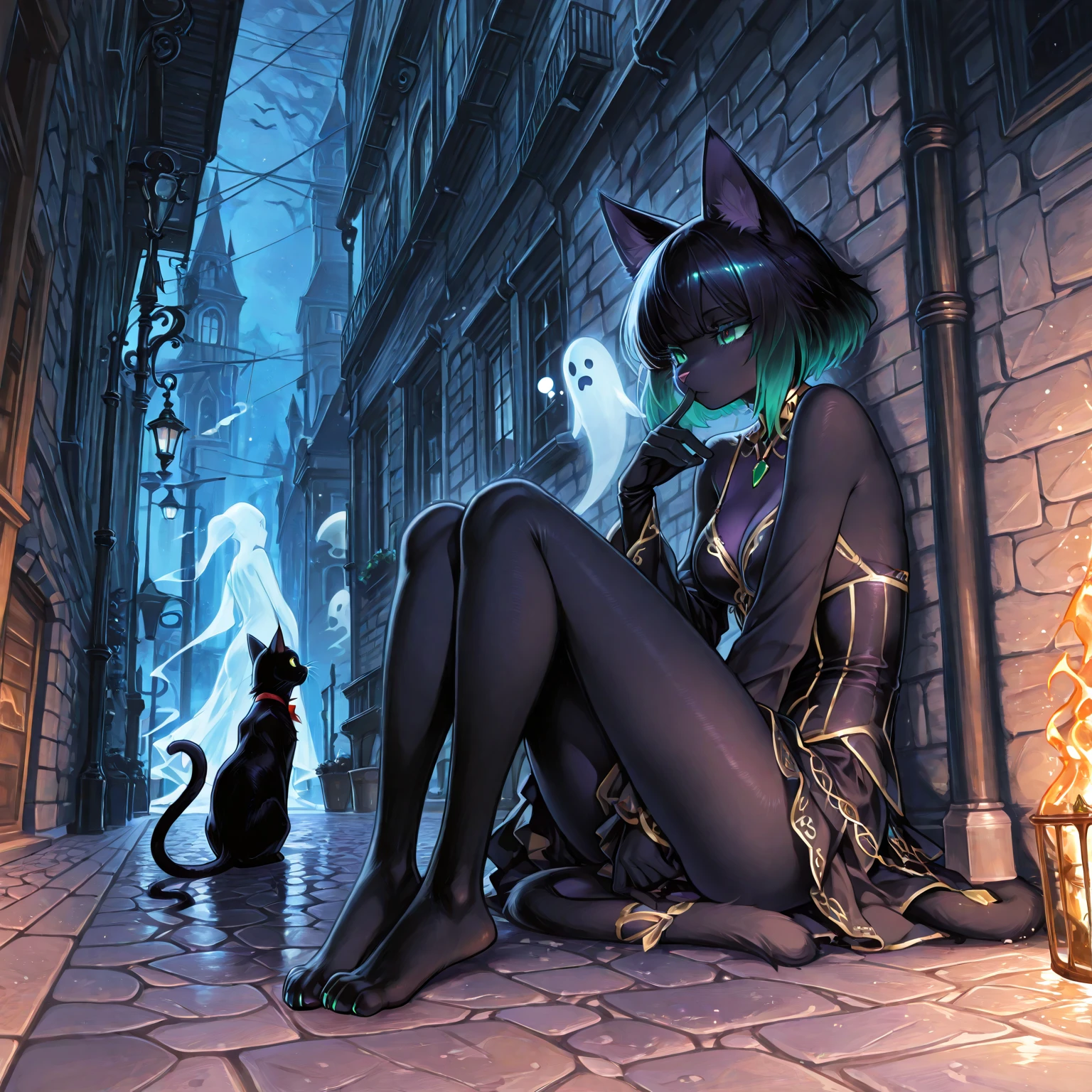 ((dark fantasy art)), beautiful demon girl, black bowler hat, ((black skin)), dark black skin, black skin, ((ash skin)), ((black glossy skin)), long black hair, long bangs, sits, ((hands together)), (very short clothing), open belly, surrounded by cats, black oil liquids, highly detailed art, highly detailed background