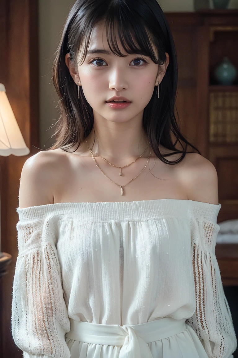 A young girl from Northern Europe, 21 years old, happy, cute face, pale skin, black hair, eyeliner, thin nose, wearing a neckline, wooden house porch, sitting on a wood chair