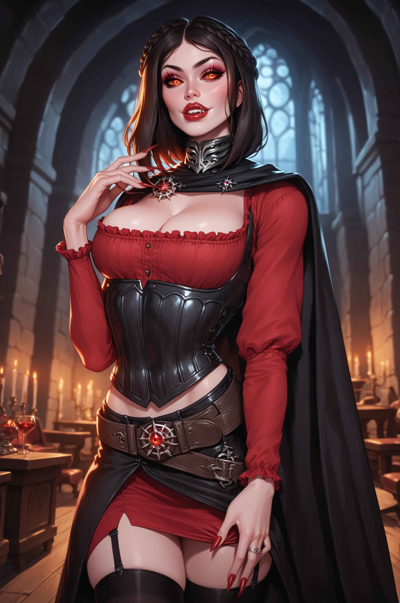 beautiful female vampire, Beautiful female vampire queen, a vampire woman, Vampire Lady Beautiful vampire queen, a woman vampire, carmilla vampire, Bare chest，Showing fangs，The Elder Scrolls Serena costume