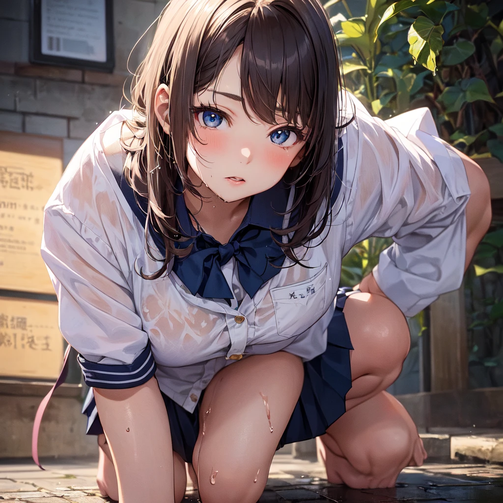 Tazune rirei, nsfw, (loli:1.5), 8k, ultra-detailed, Masterpiece, best quality, perfect lighting, aqua eyes, black hair, braid hair, (flat chest:1.3), nipple peek, pink areola, outside, blue sky, sitting on stairs, 1girl, solo, (bukkake:1.5), (cum on face:1.5), (cum on hair:1.5), topless, shorts, thigh-high socks, sneakers, blush, frown