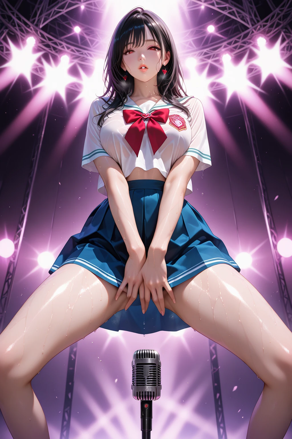 ((((top-quality)), ((masterpiece)), Pitch Resuit、((Adult Woman))、Idol、Sobbing tears、Wet_Clothes 、arms up、double peace、watermarked 、knee high white、pantyshot、(cum in vaginas:1.4))、cum in mouth.、Large crowds、Stadium、Attention、see -through. Lift Mini Skirt、pointing at viewer、 Mini Skirt One Piece Dress 、underboob, , (shiny skins, perspired:1.4),、 Large crowds, black hair, Brown-eyed,,,,depth of view,The eyes are delicate,Sharp pupils,,、A slender、(thick thight)、A smile、On stage、shooting
