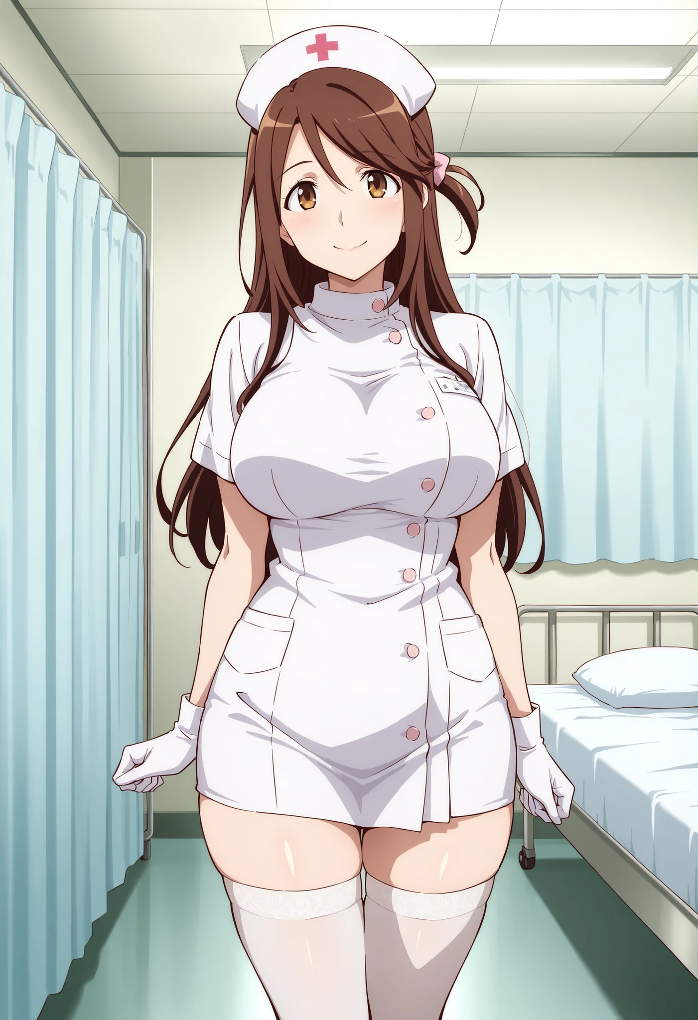 Score_9, score_8_up, score_7_up, source_anime, iida nana, solo, brown hair, long hair, one side up, hair bow, pink bow, brown eyes, large breasts, wide hips, mature female, (best quality), (high quality), {masterpiece}, extremely delicate and beautiful, ultra-detailed, beautiful detailed eyes, nurse, nurse hat, ((white nurse's outfit)), white gloves, white thighhighs, hospital room, smile, closed mouth, standing