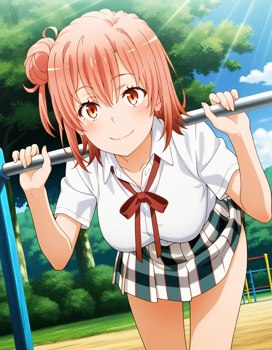 1 girl,playground,(Yuigahama Yui),big breasts,jump,open mouth smile,whole body,Wearing sneakers,uniform,blazer,shirt,check skirt,socks(Pussy cameltoe in panties:1.0),(white panties),