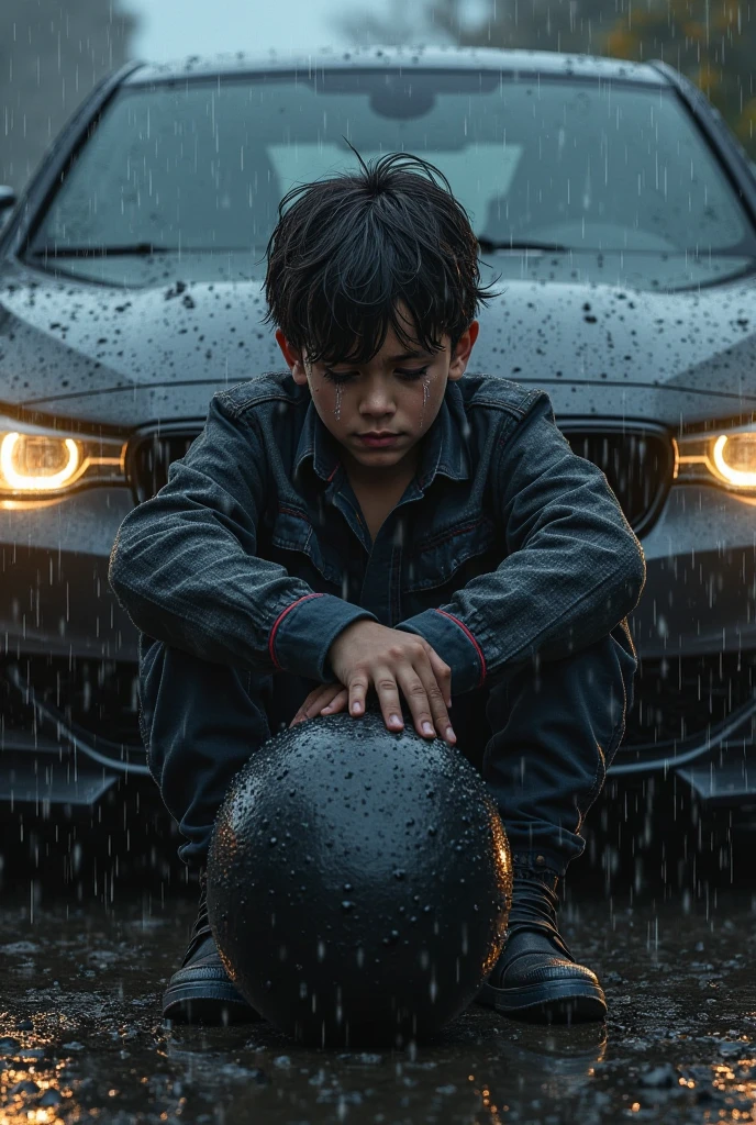  A young boy, possibly in his early teens, looking out of a car window of car are closed on a rainy day. The car window is covered with numerous raindrops, reflecting the ambient light. The boy has a contemplative expression on his face, with his eyes focused on something in the distance. The background reveals a cityscape with blurred lights, suggesting it might be evening or . The overall mood of the image is serene, introspective, and slightly melancholic.
