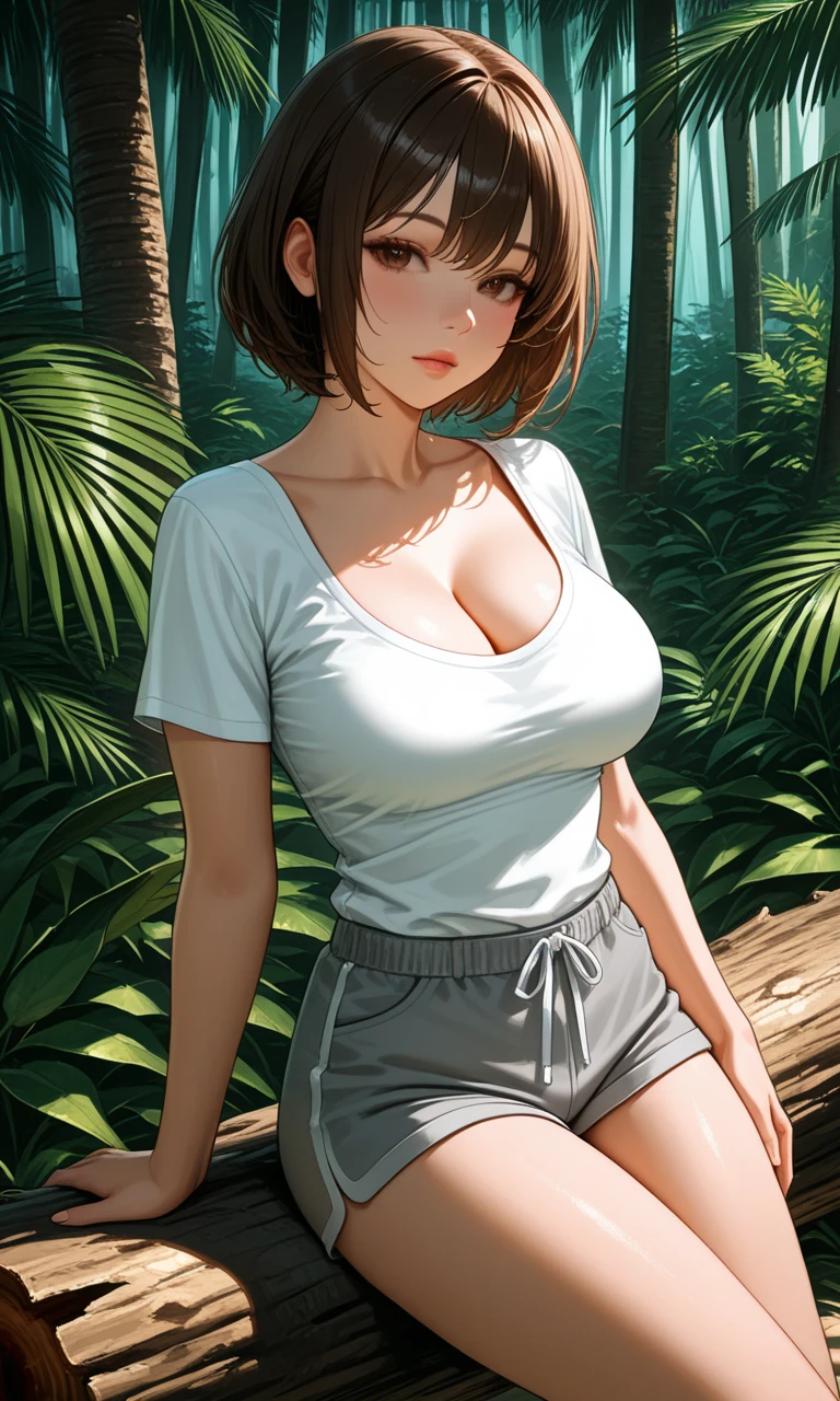 photo of mlp Meowko, RAW, beautiful woman, ((portrait)), ((detailed face:1.2)), ((anime face, anime facial feature, clear skin, glossy anime lips, clear skin), (short messy lesbian haircut, brunette: 1.55),  (perfect proportioned body, Strong, muscular, narrow waist, narrow hips, skinny, large breasts, cleavage), arched back, ((wearing tight cropped t-shirt, cargo pants), (sitting on a log in the forest), (realistic photo, best quality, detailed), (8k wallpaper), (cinematic lighting, beautiful light, (noon:1.3)) (sharp focus, intricate)
