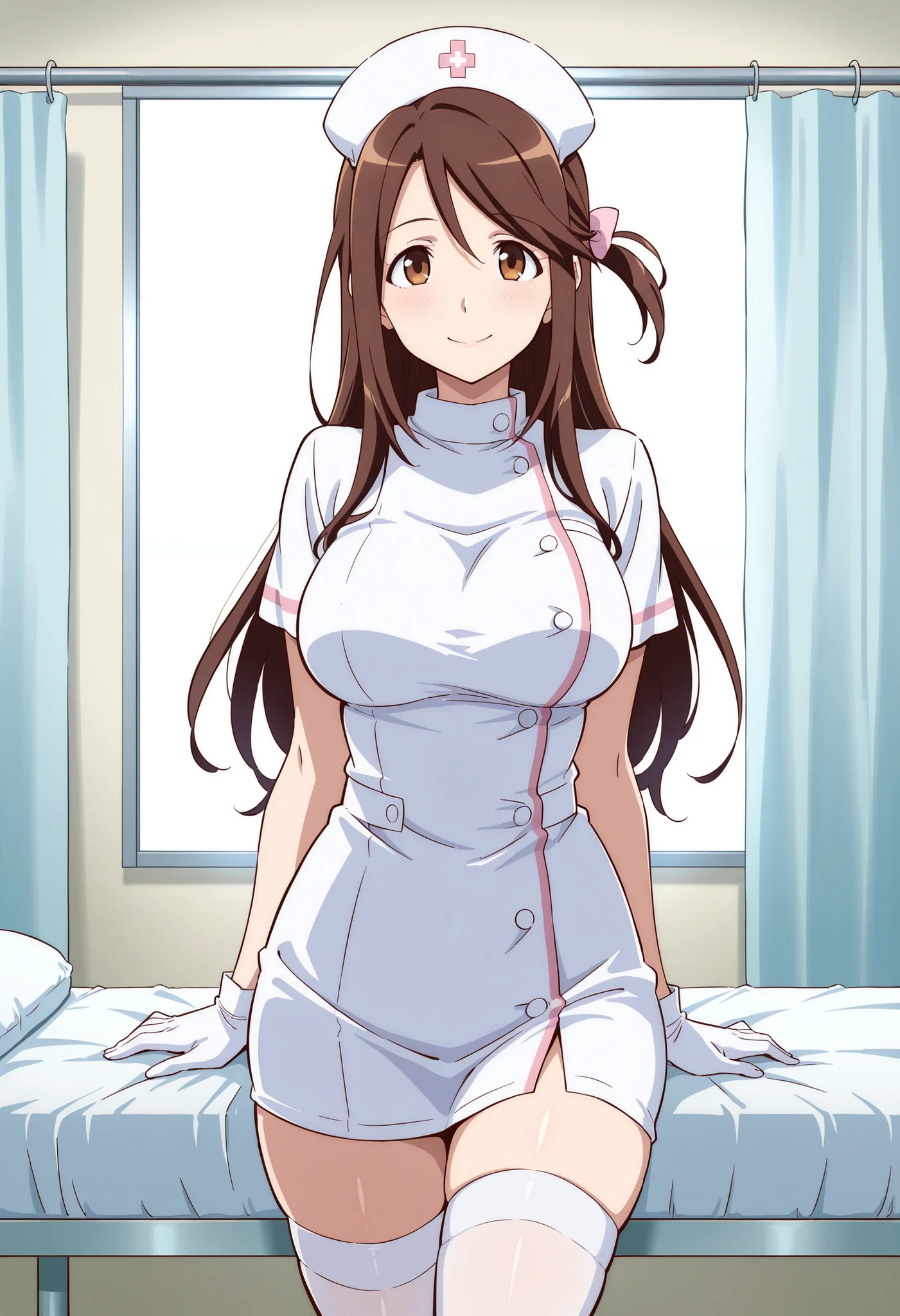 Score_9, score_8_up, score_7_up, source_anime, iida nana, solo, brown hair, long hair, one side up, hair bow, pink bow, brown eyes, large breasts, wide hips, mature female, (best quality), (high quality), {masterpiece}, extremely delicate and beautiful, ultra-detailed, beautiful detailed eyes, nurse, nurse hat, ((white nurse's outfit)), white gloves, white thighhighs, hospital room, smile, closed mouth, standing