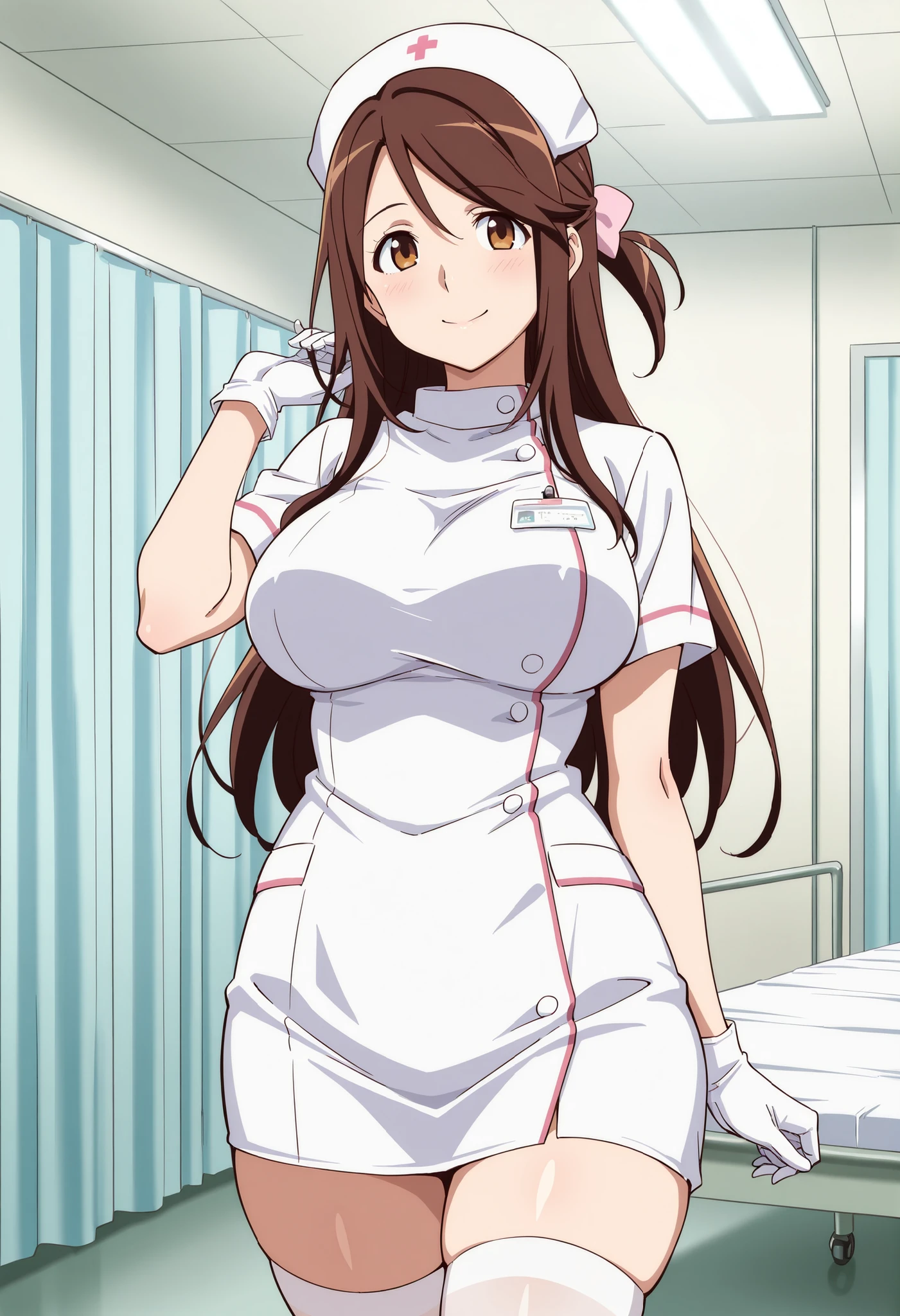 yamaguchi sb, long hair, brown hair, red eyes, piercings, nurse, nurse cap, short sleeves, white latex gloves, hospital private room
