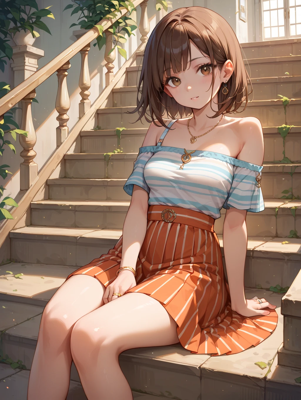 masterpiece, best quality, highres, maemiku, short hair, fang, necklace, turtleneck, sweater dress, virgin killer sweater, sleeveless, <lora:maekawa_miku_v1:0.7>, street, cafe, sitting, indoors