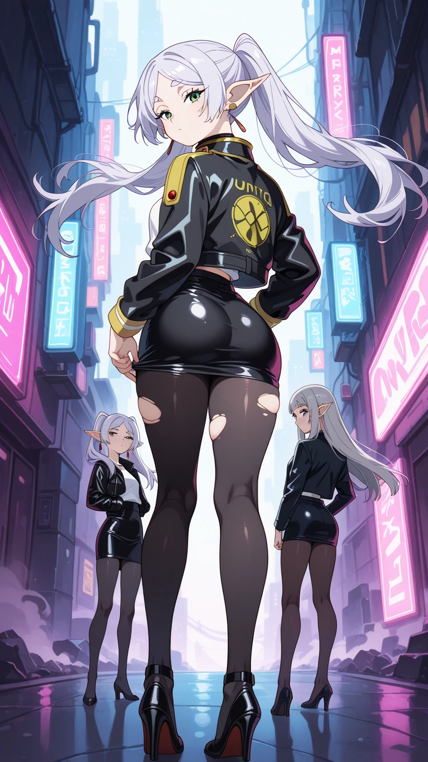 Anime girl standing on city street in leather skirt and black erotic lingerie, Ilya Kuvshinov de cabelos compridos, Arte estilo Guviz, Anime Art Wallpaper 8K, Guvitz at Pisif Art Station, Guwiz at Pisiv art station, arte de anime cyberpunk, menino monstro, Caramelo pele marrom Menino preto mouro, Penteado careca, streetwear, Corpo Full Slime, cores neon, risos loucos, Malvado