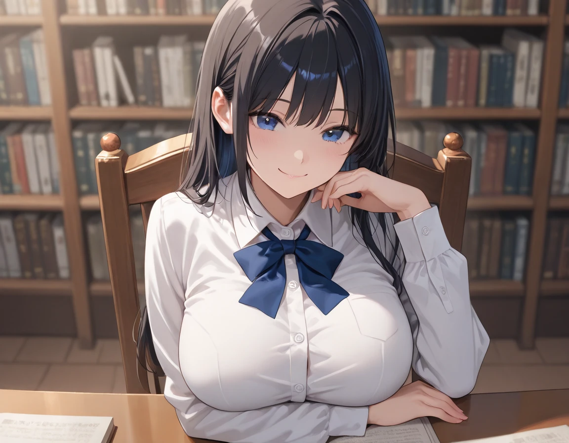 uma garota sexy de anime estudando, decote de seios grandes