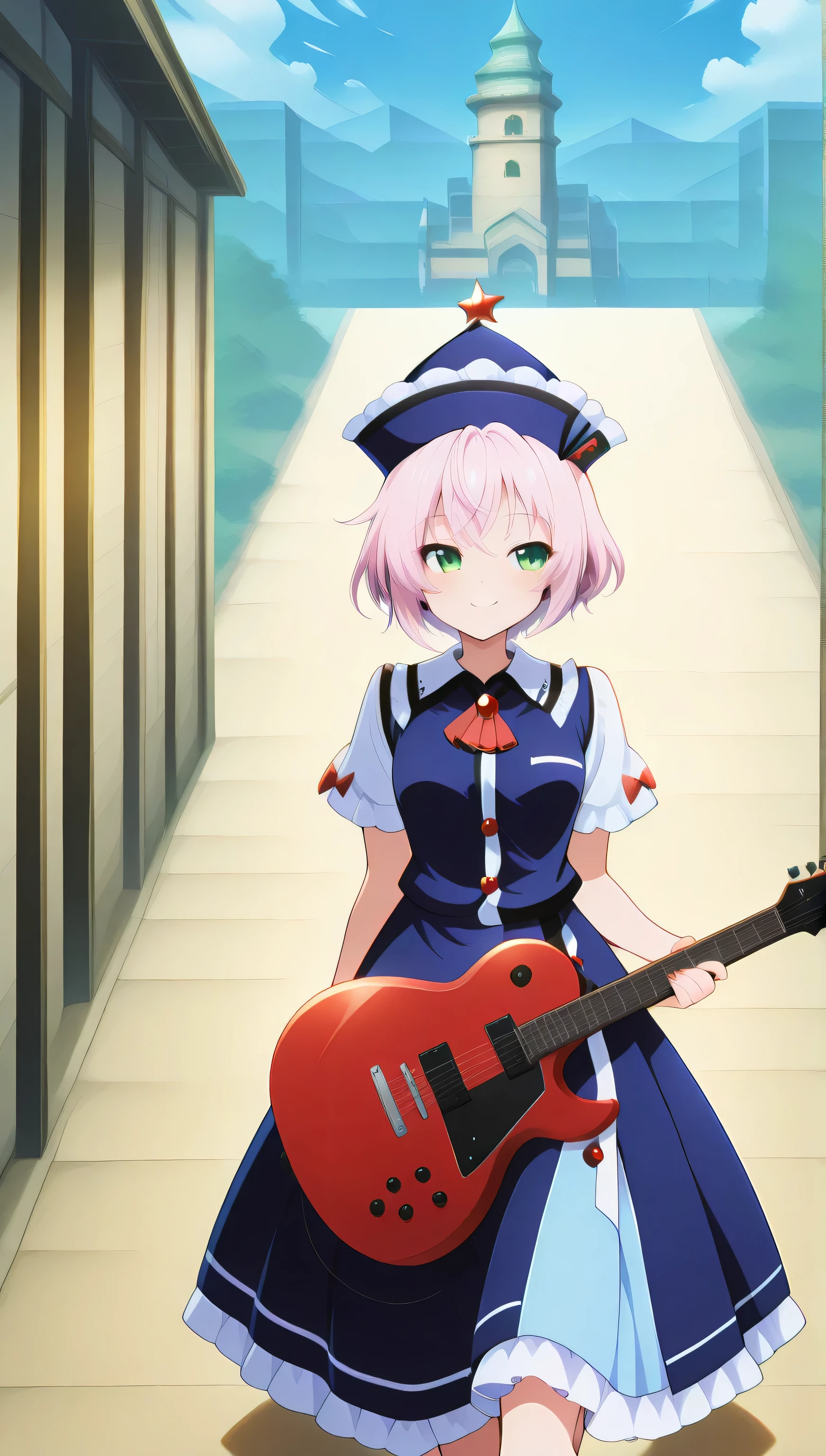 Lyrica Lunasa and merlin,score_9, score_8_up, score_7_up,anime_source, source_anime, best background, detailed background, anime screencap,lyrica, merlin, pink hair,green eyes,tiny green tower hat, blue marine dress, dress, spectal guitar, looking at viewer, smile, solo, gentle smile, floating guitar, flying guitar, smile,  floating on a outside scene, 