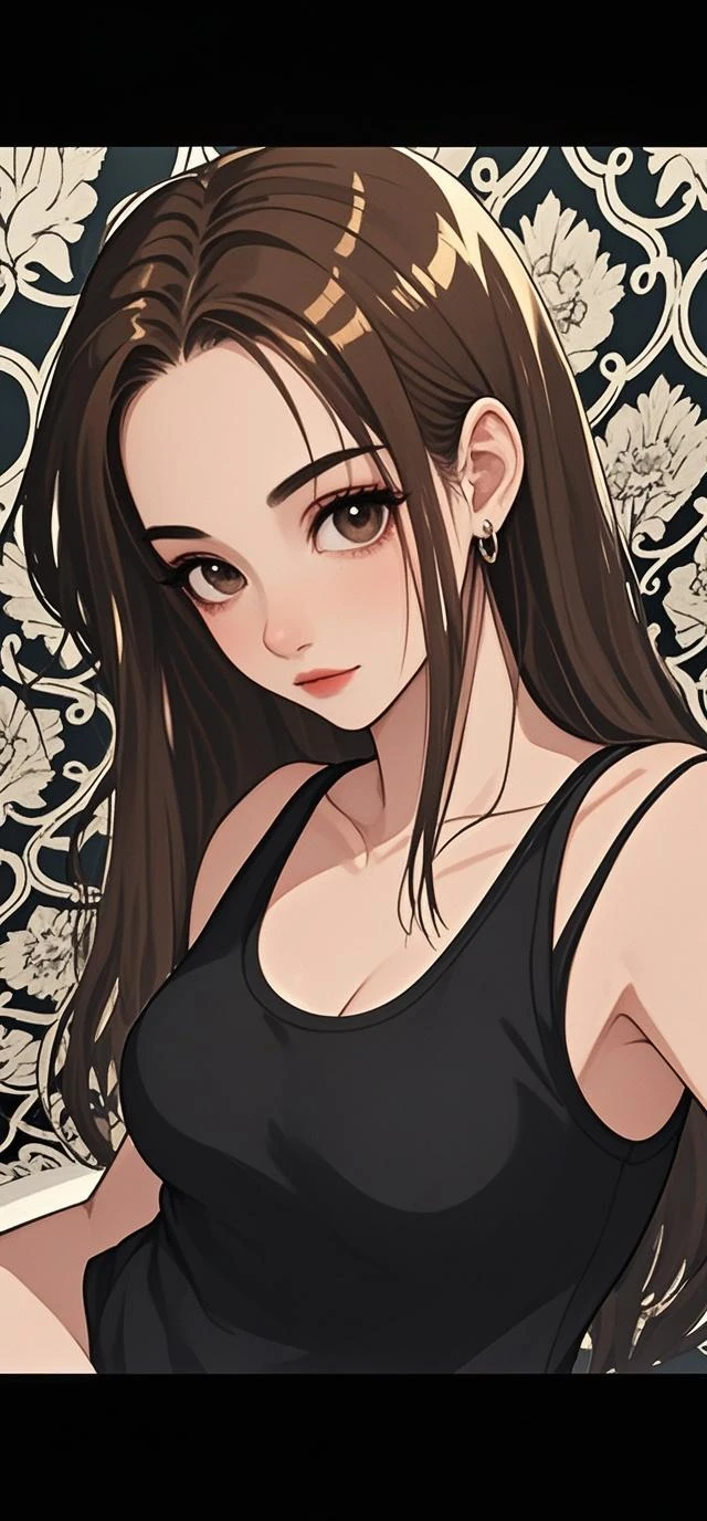 Hyperrealistic photography, mignon , 30 ans, longs cheveux bruns, dressed in black pants with a crop top , photo nette, Regarder le spectateur, Brown hair, long dark brown hair, corps, Model you are looking for, photo réaliste d'une fille. regarde la caméra r 