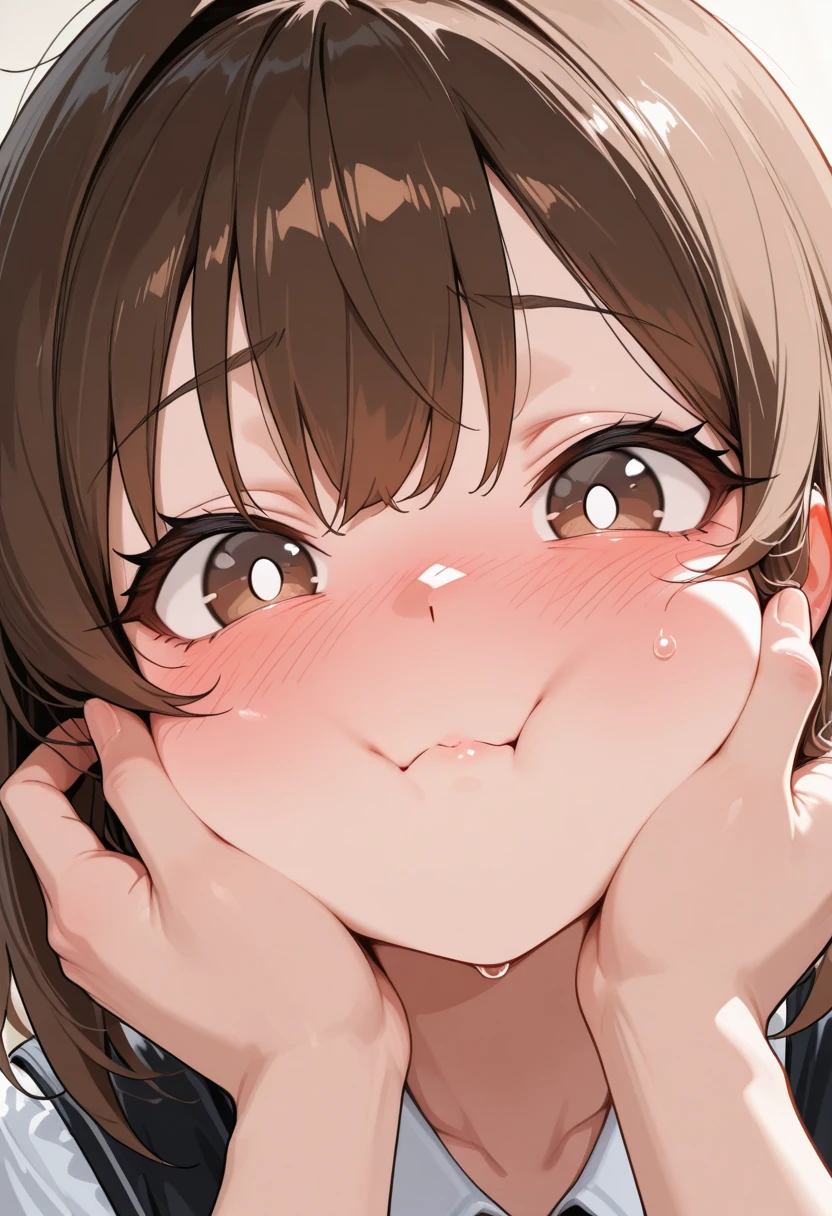 girl,Close-up of face,Taking a brown dick in my mouth,Deep throat,Ecstatic expression,Drooling,Her head is being held down by a man,