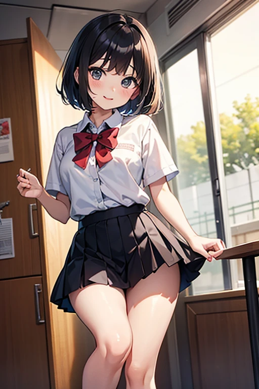 1 girl, 16 years old, Dynamic posing, dynamic angle, Arrange pose,Top quality work，Show Legs，(short black hair),(blue eyes), Rose cheeks, Pretty Face, A perfectly proportioned face, school white shirt with red bow and black skirt, (school uniform), (school white shirt), white stockings，school, in classroom, smilling