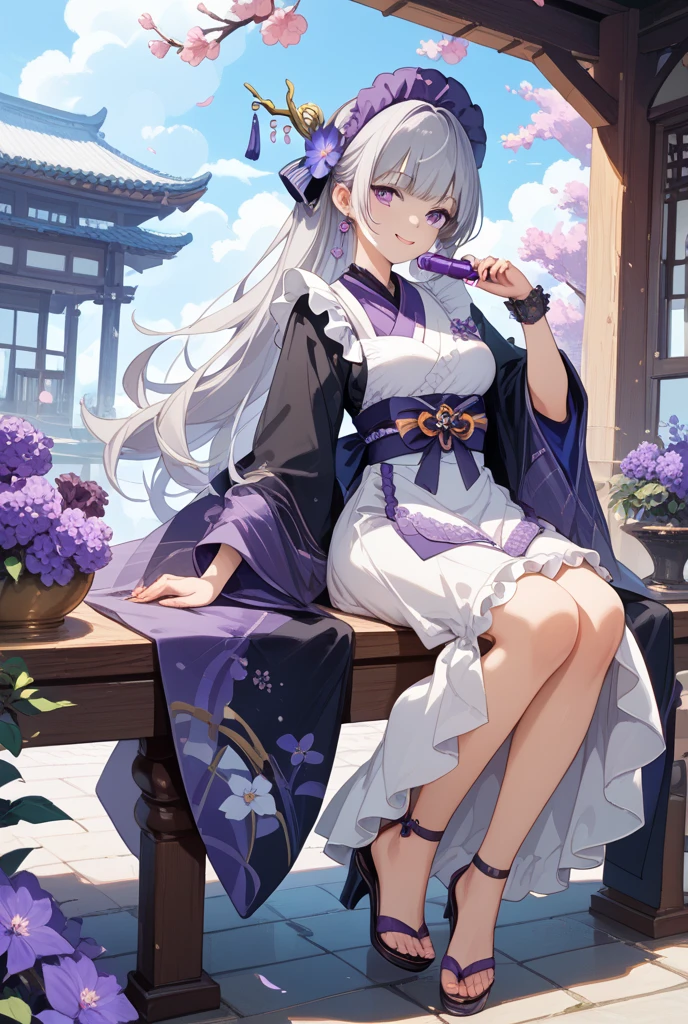 white-haire，Fine hair，Reddish purple，grey-eyed，length hair，Lake，，Look at viewers，，coldgaze，messyfloatingfhair，Kimono with white，fully body photo，White stockings
