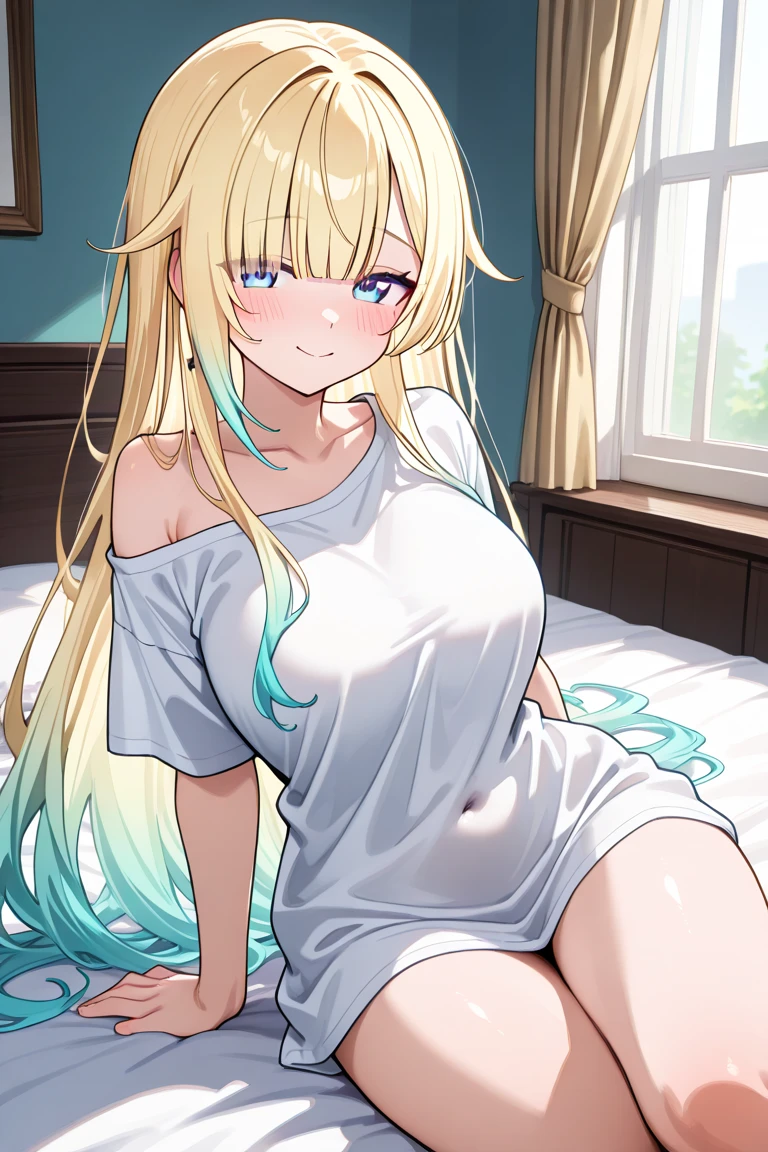 Portrait, official art, best masterpiece, best quality, best resolution, 8K, best detailed, (perfect anatomy:1.3), (looking at viewer)
BREAK
Cowboy shot, Kneeling
BREAK
aizawa ema, long hair, gradient hair, blond hair, hair ornament, earrings, blue eyes, (large breasts:1.2), solo, 1woman, (white shirt), naked shirt, shirt tug
BREAK
(blush:1.2), (shy smile)
BREAK
on the bed, (night), (Dim lighting), very detailed 16KCG wallpapers