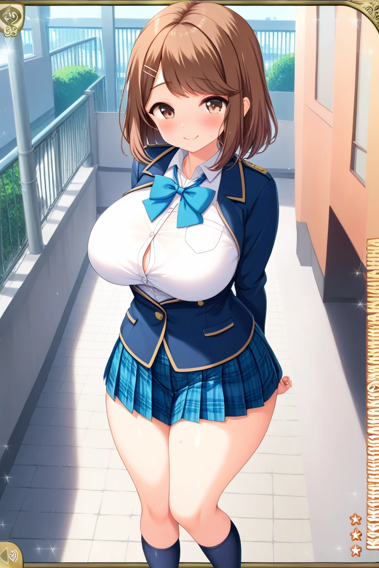 Uniform short skirt smile big breasts school in front of the school gate 2k