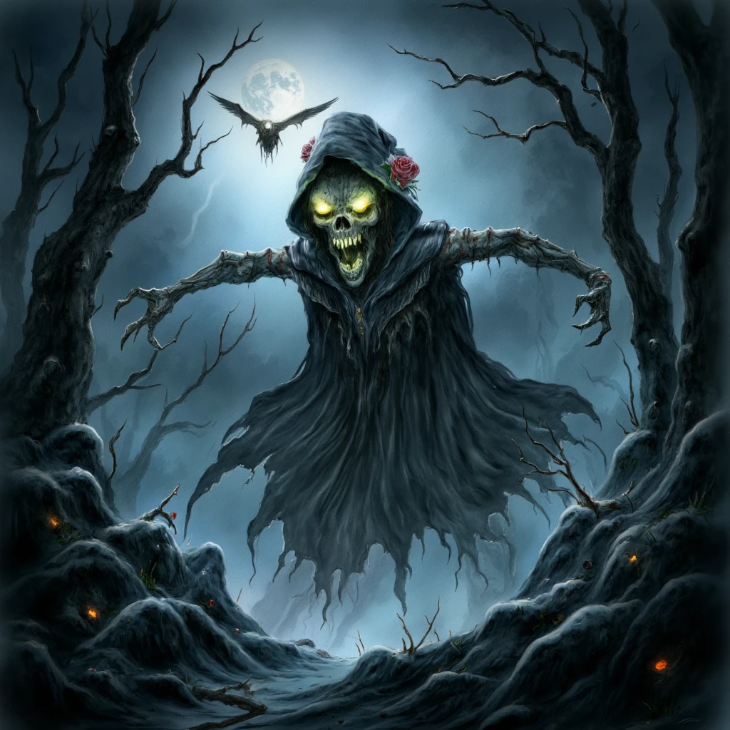 (Night Landscape), Horror, Haunted, Corpses, Skulls, Image Depicting Hell, Necronomicon, Image Style Painting, Realistic, Shadows, HD, High Quality, Cinematic