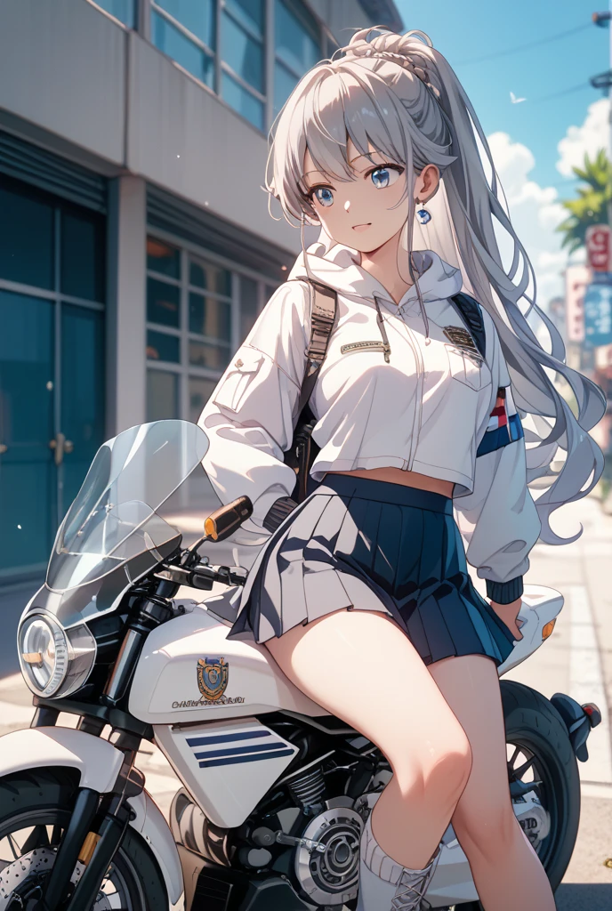 asian girl in a white suit leaning on a bike next to a bike, 1girl, solo, ground vehicle, underwear, bicycle, panties, necklace, jewelry, day, skirt, white panties, blonde hair, breasts, looking at viewer, bra, jacket, long hair, sky, riding