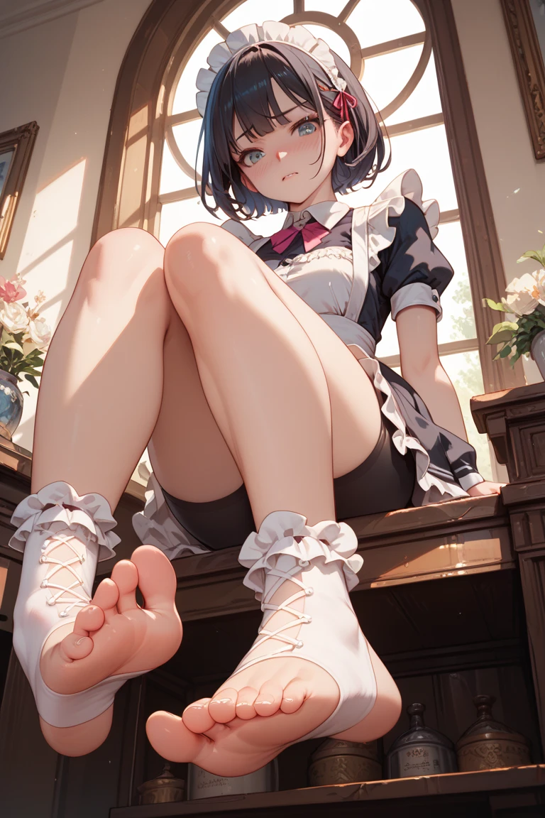 1girl,solo,black_hair,feet,soles,no_shoes,white_pantyhose,foot_focus,looking_at_viewer,smile,
