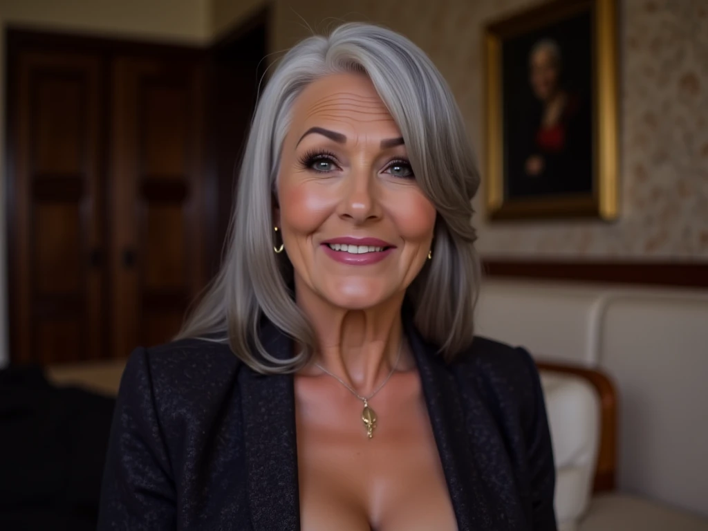 Portrait of a 50 year old woman with long gray hair, mirada seductora, ojos verdes, algunas arrugas en su cara,  8k, Antecedentes detallados, utlra realista, realismo, exta realista, arrugas en el cuerpo, hospital, Traje de enfermera azul, Pose sexy aleatoria, Luz de luna por la tarde, NSFW, Ropa de enfermera con escote alto, hermosa luna llena fuera de la ventana, MOSTRANDO TODO EL CUERPO, cuerpo completo, Extra small tits, small breasts, Mirando al espectador desde abajo, sonrisa ligera, dientes en interior,Soft lighting, Detalle extremo, HDR, pelo corto