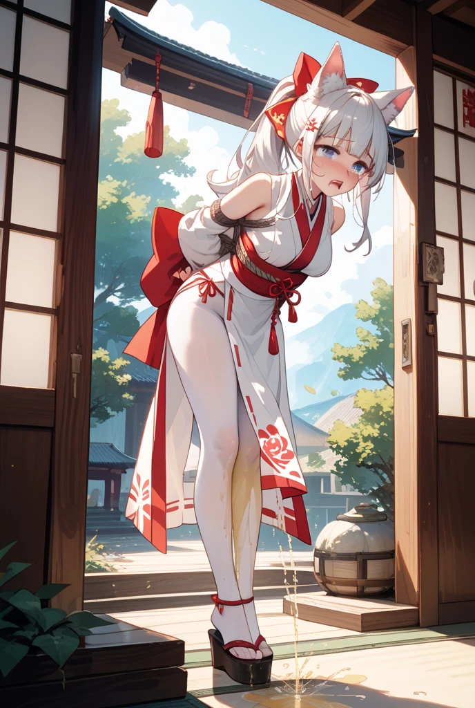 ((masterpiece、4K、8K、highest quality: 1.perfect fingers: 1.perfect anatomy: 1.3、background blur))、((short shrine maiden leotard、long sleeve、16 years old、slender、small face、super beautiful girl、(straight long hair))、beautiful big droopy eyes、happy smile、full body display、knee high socks、sky and grass、