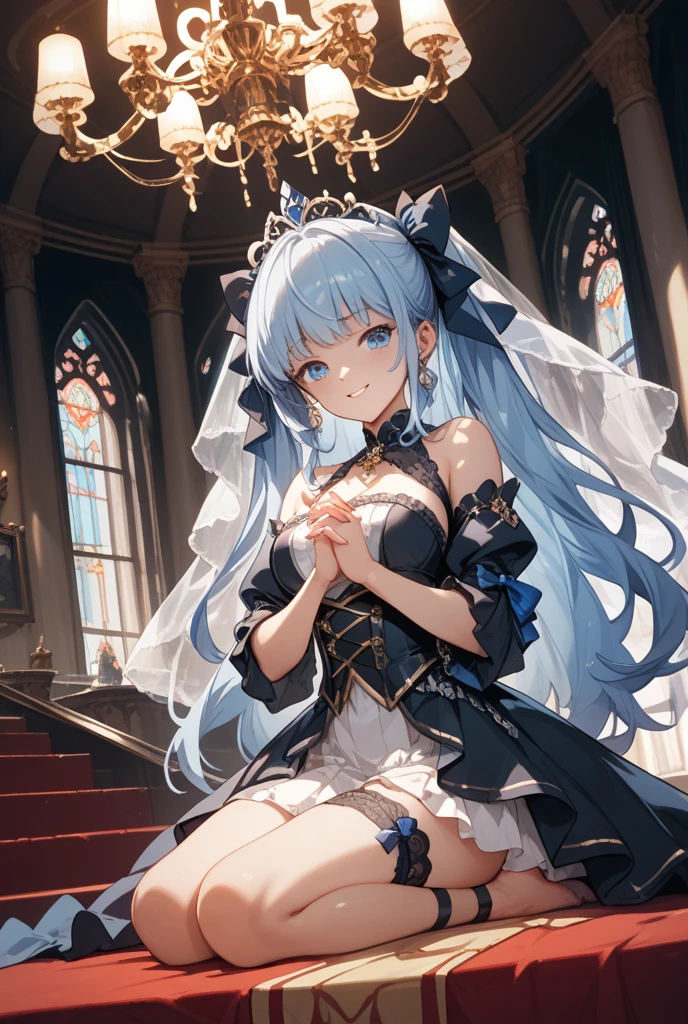 Dramatic composition, court-style dresses, royal, gorgeous, cascading frills, ruffles, bows, crystal chandeliers, Roman curly hairstyles, ponet, double ponytails like drills, look at the camera, bangs, maximalism, palatial background, delicate portrayal of hair and eyes, princess dresses, gorgeous skirts, flowers in hand, smiles, starry eyes, cinematic light, extreme detail, high definition, happy girl, very long hair, diamonds, broken diamonds, crystal fragments, light particles