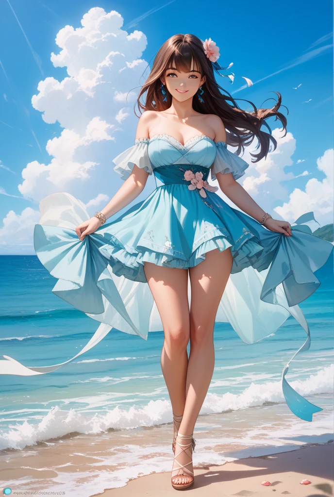 (masutepiece,Best Quality,8K),(extremely detailed CG1.1),Girl standing on the surface of the water emitting a beautiful light,Smile,large boob,(From below:1.2),Intricate details , Hyper realistic, Perfect Anatomy,A dark-haired,Red Eyes,(((Forehead))),Permed hair with wavy hair,(((length hair))),Hair over one eye,hair slicked back,(((Standing))),Full body,Blue Dress,blush,Happy smile,A remote island paradise with turquoise waters, Water droplets,Lens Flare,Wind,Magnificent view,(chromatic abberation:1.3),Dynamic Angle,bird flocks,Cowboy Shot,Looking at Viewer