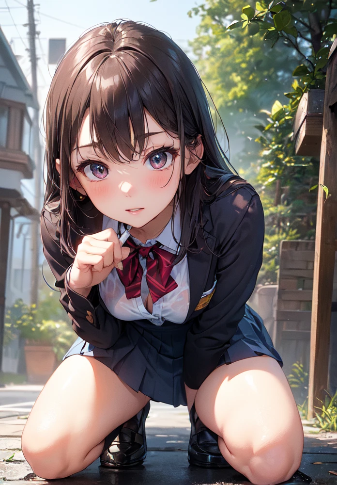 ((braid, pleated skirt, ribbon)), (((round face))), ((eyes with realistic sizing, drooping eyes, blush, shame smile, thin lips, spread legs)), (((standing and straddling to hit her pubic hair against an edge of the table for musturbation, raise her thigh on the table))), open mouth, (outside, on the sidewalk, terrace table), (angle from side),